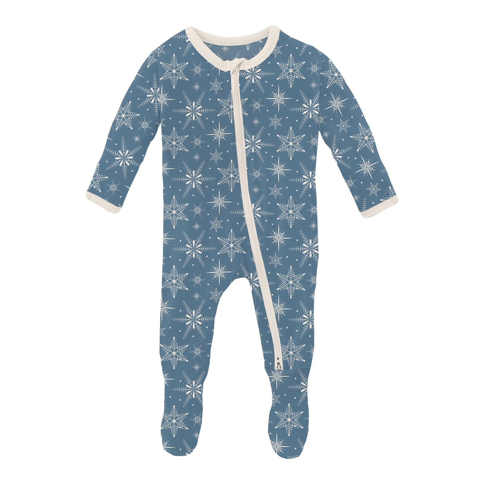 Print Footie with 2 Way Zipper in Parisian Blue Snowflakes