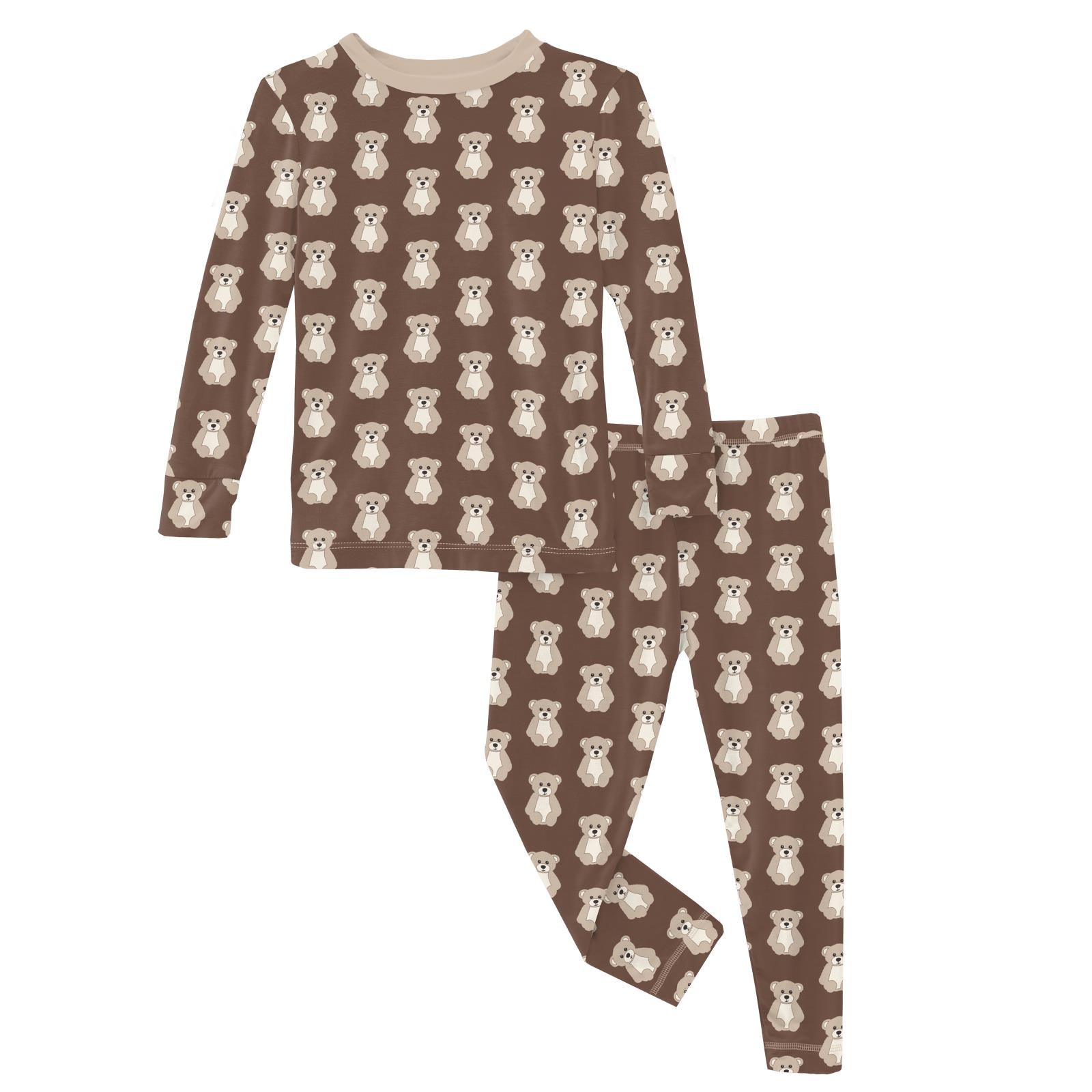 Print Long Sleeve Pajama Set In Cocoa Teddy Bear