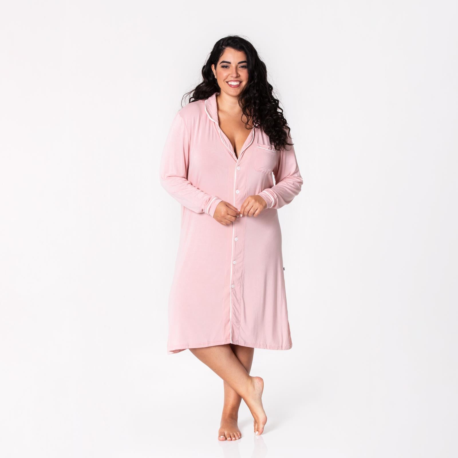 Women's Long Sleeve Button-Down Nightshirt in Baby Rose with Natural