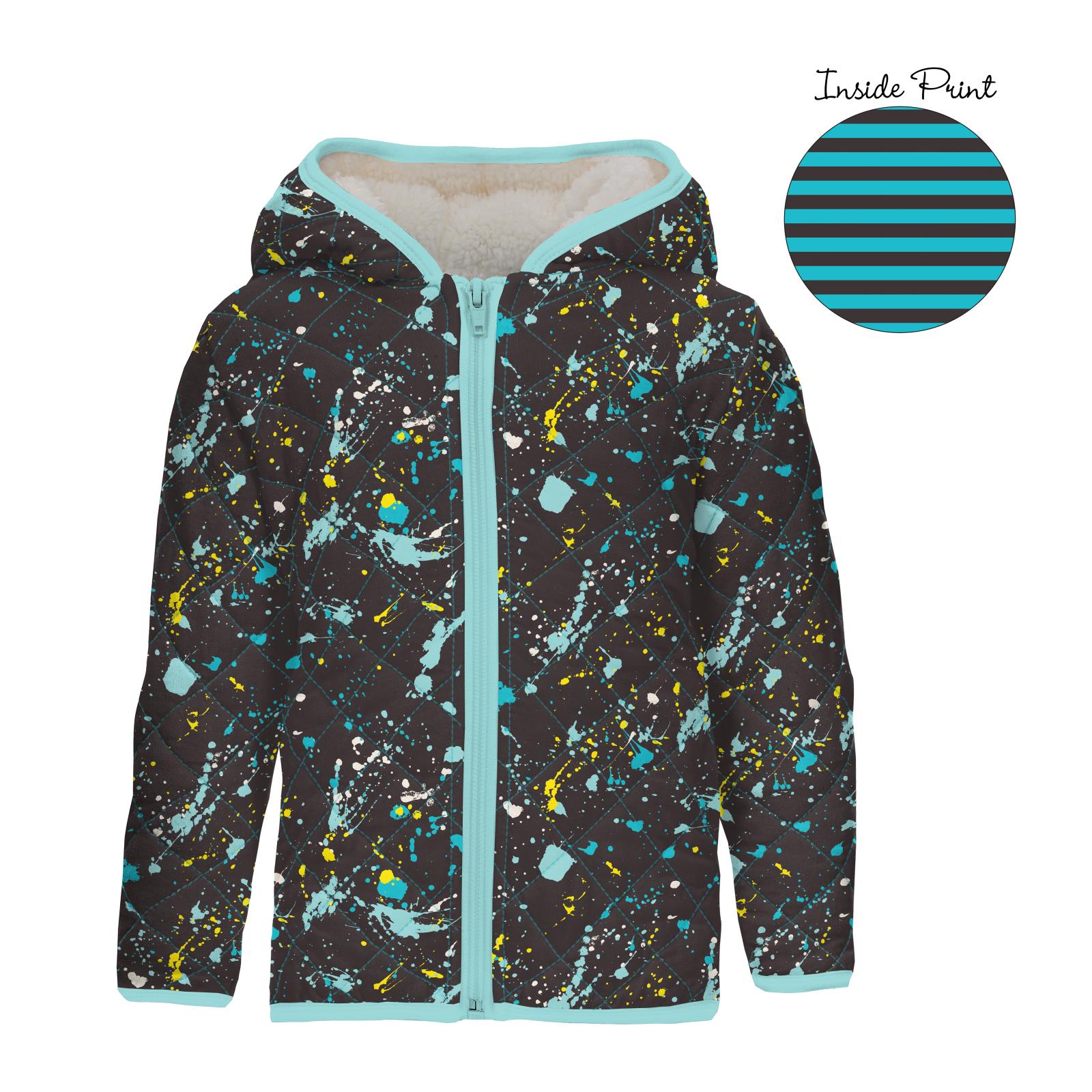 Print Quilted Jacket with Sherpa-Lined Hood in Confetti Splatter Paint