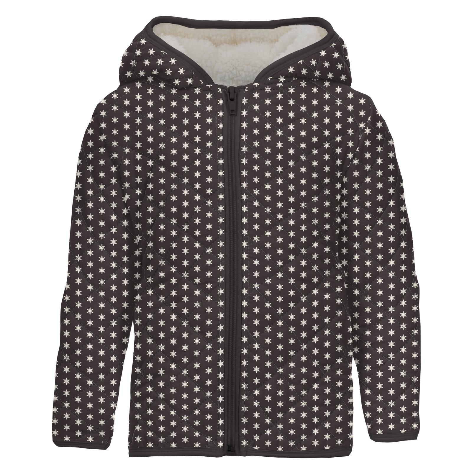 Print Quilted Jacket with Sherpa-Lined Hood in Midnight Tiny Snowflake