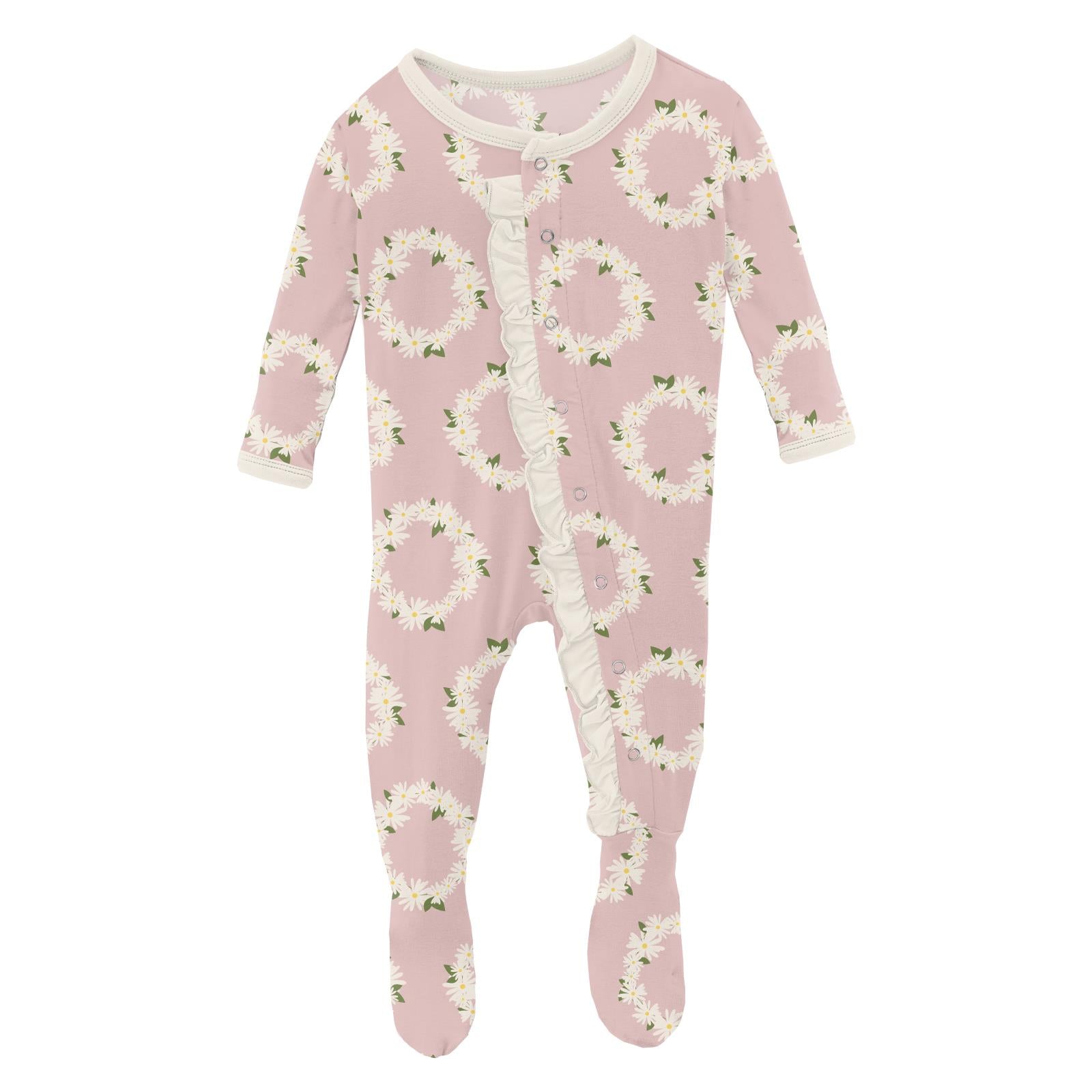 Print Classic Ruffle Footie with Snaps in Baby Rose Daisy Crowns