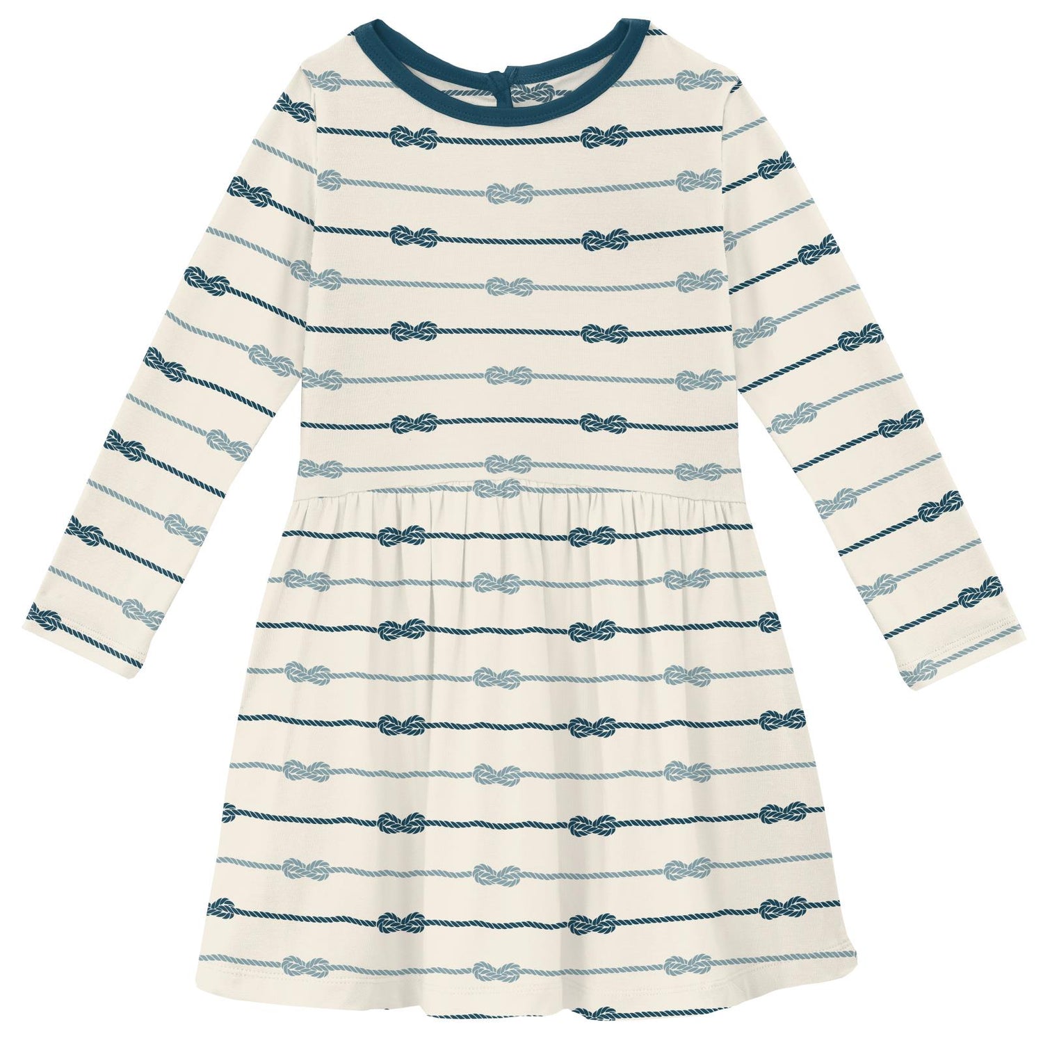 Print Long Sleeve Twirl Dress with Pockets in Natural Boat Rope