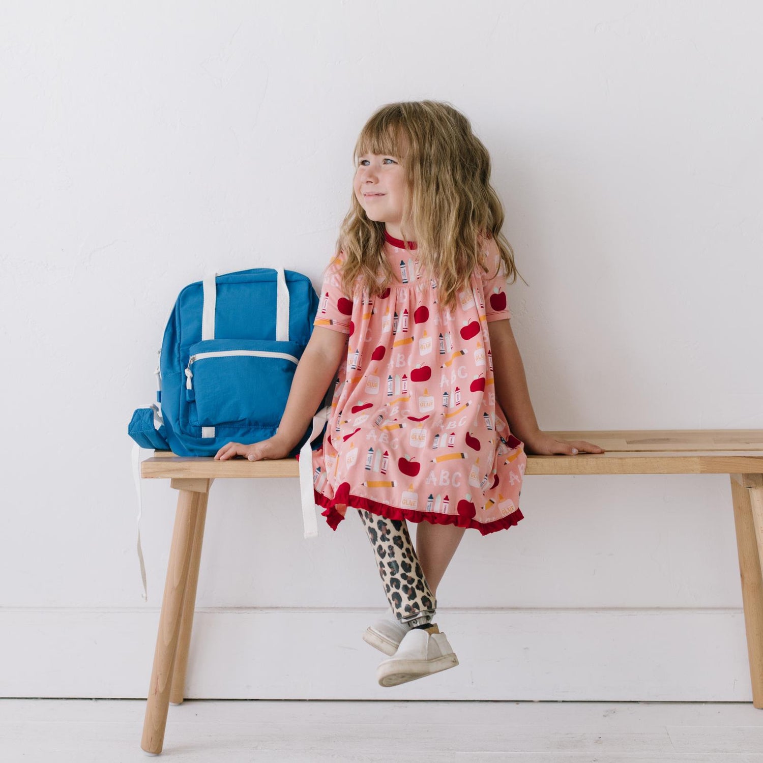 Print Classic Short Sleeve Swing Dress in Blush First Day of School