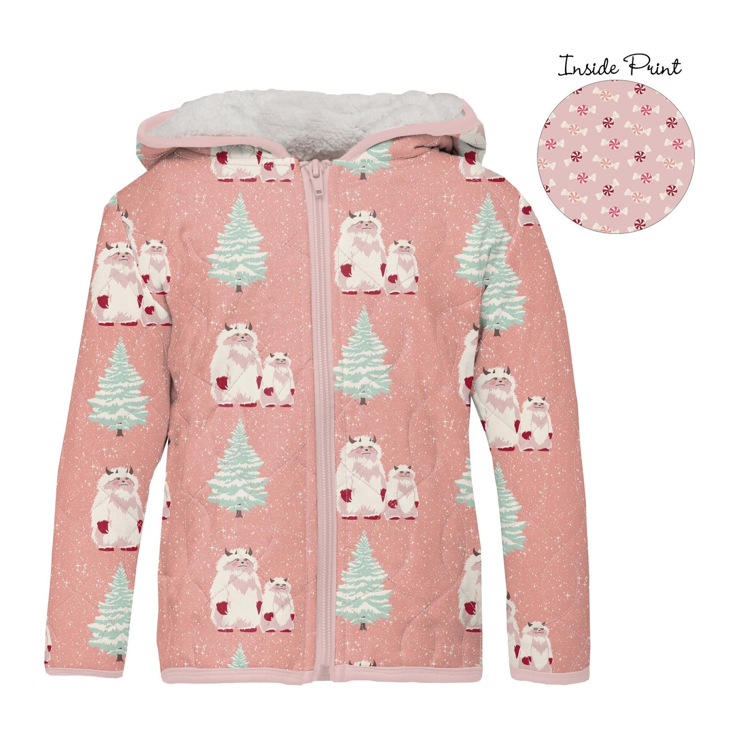 Print Quilted Jacket with Sherpa-Lined Hood in Blush Yeti/Baby Rose Peppermints