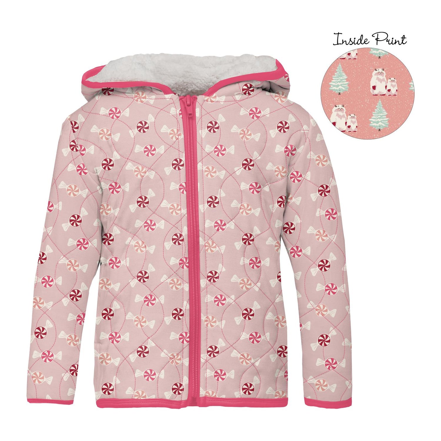 Print Quilted Jacket with Sherpa-Lined Hood in Baby Rose Peppermints/Blush Yeti