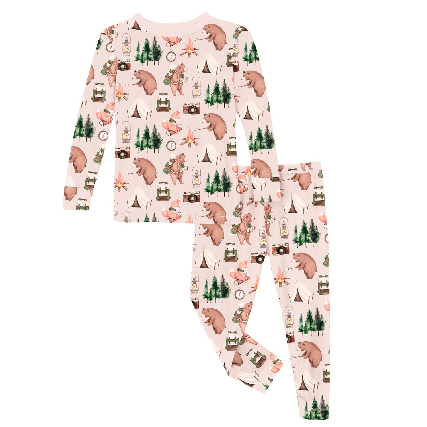Print Long Sleeve Pajama Set in Latte Camping Animals (320091)