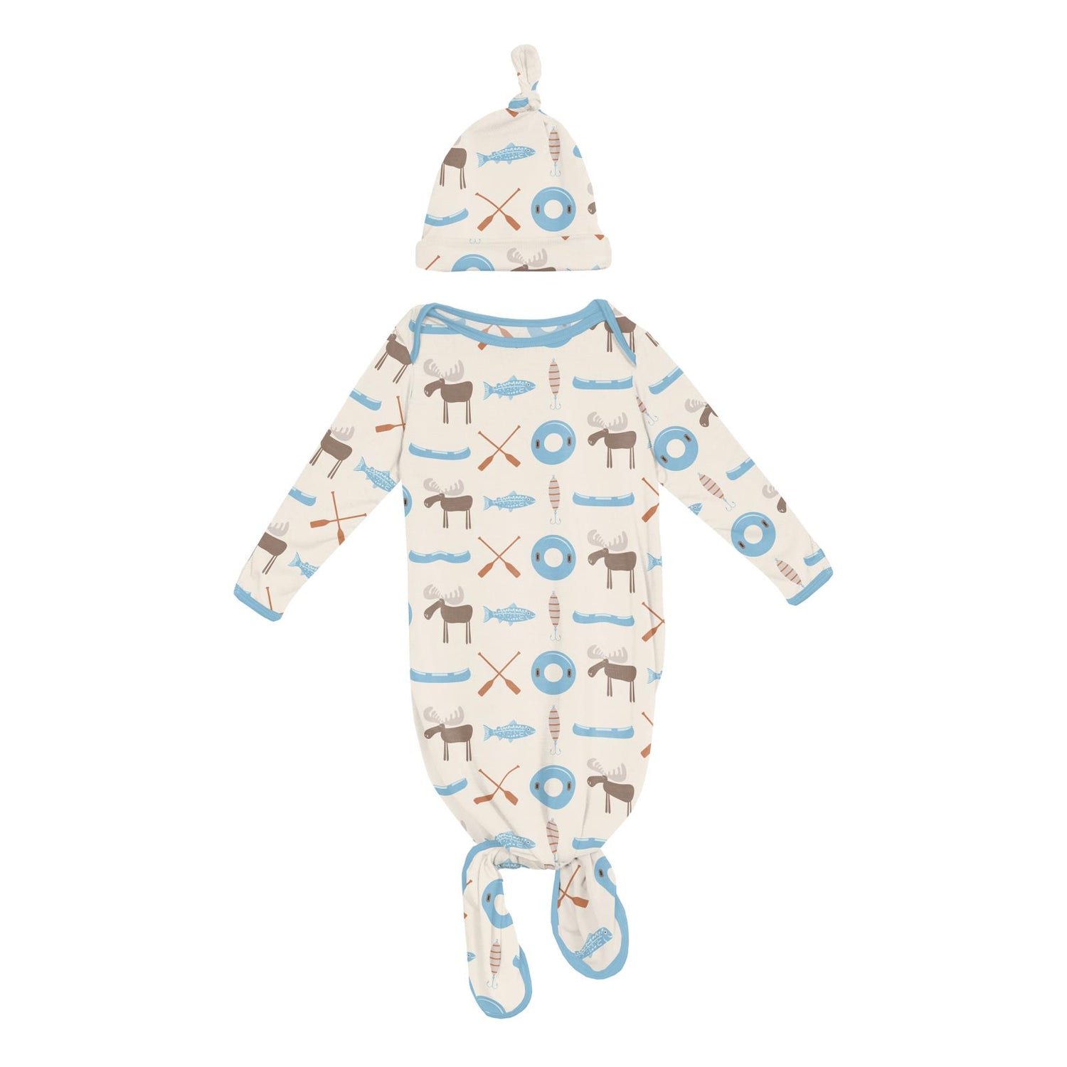 Print Knotted Layette Gown & Hat Set in Natural Lake Life