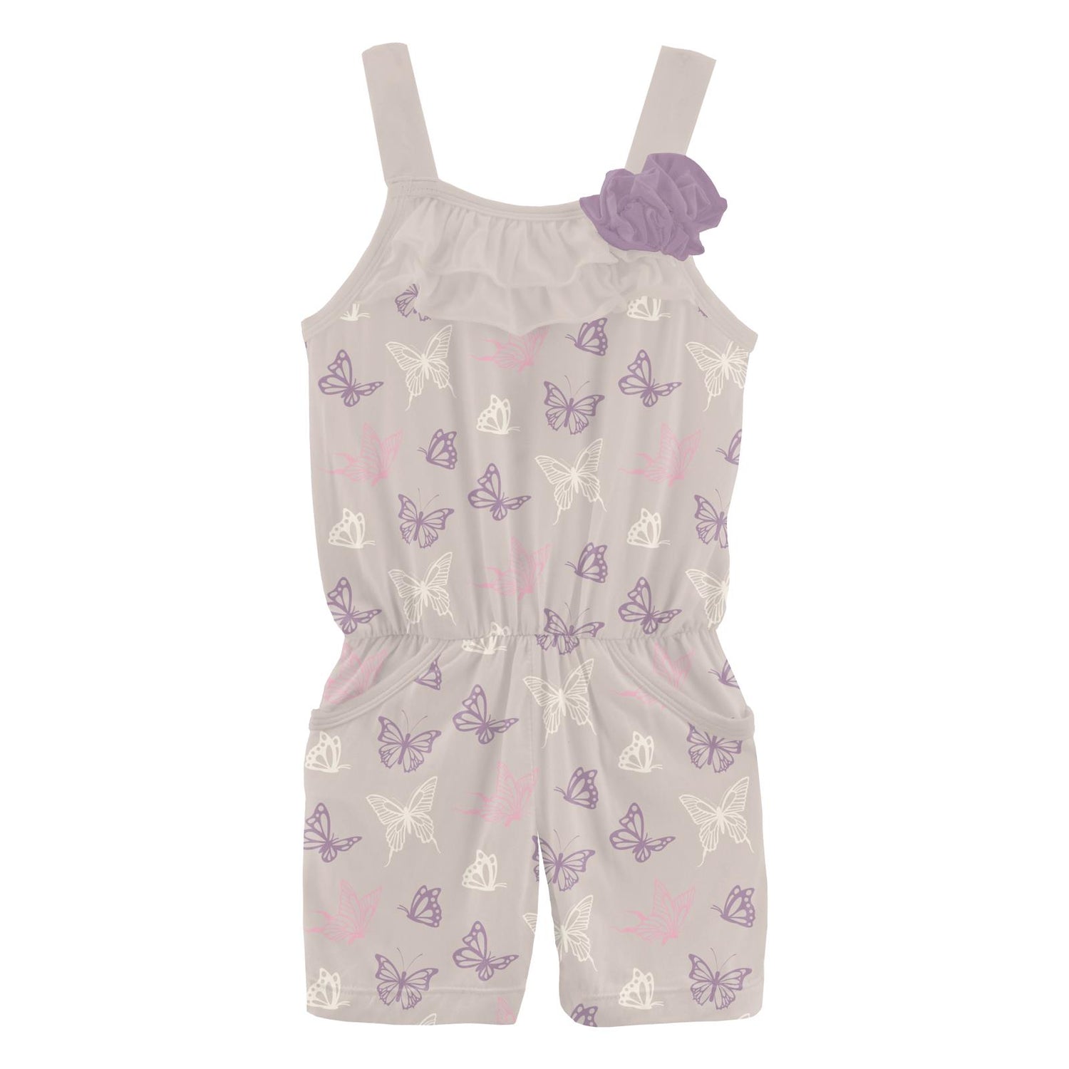 Print Flower Romper with Pockets in Latte Butterflies (320324)