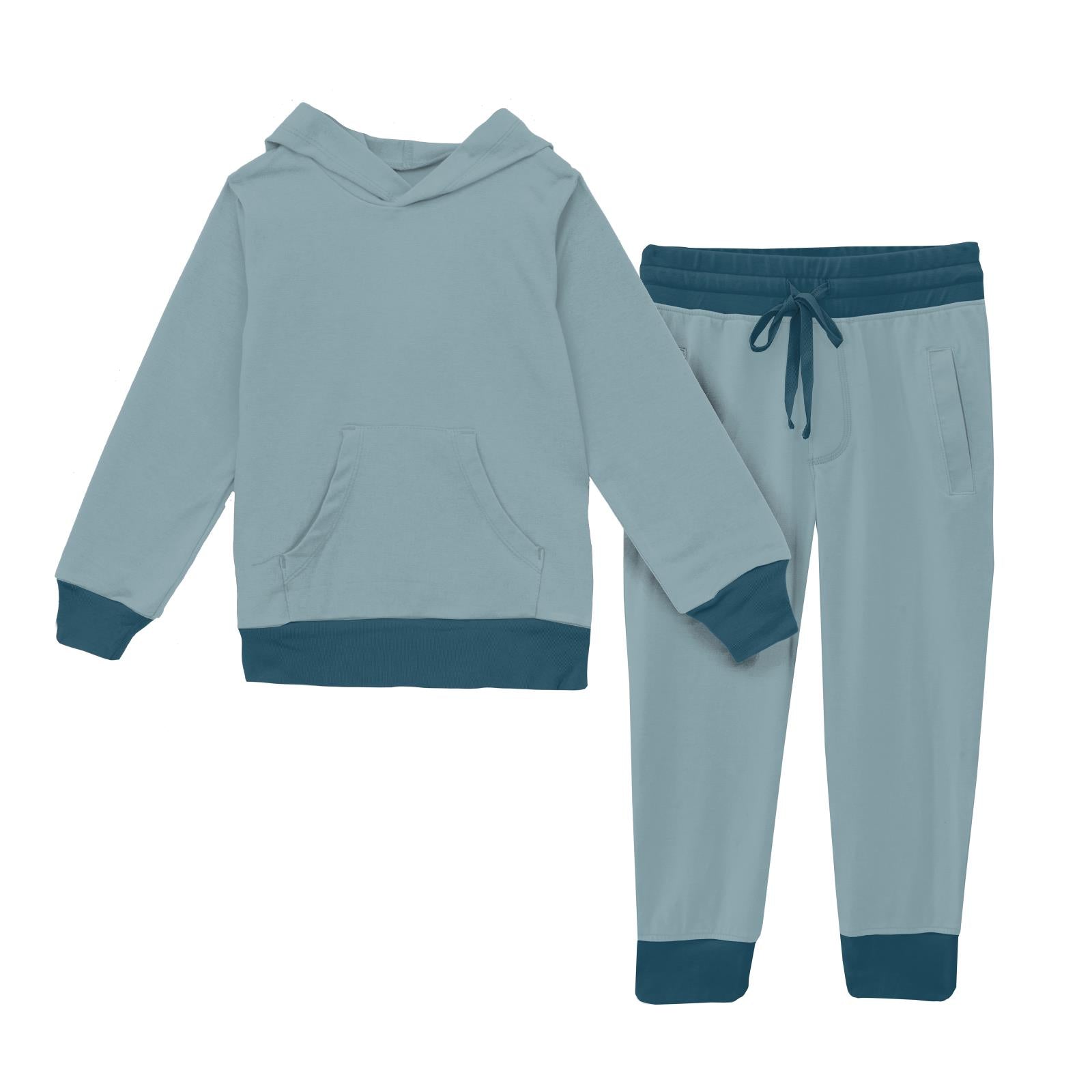 Luxe Kangaroo Pocket Pullover and Jogger Set in Stormy Sea with Peacoc