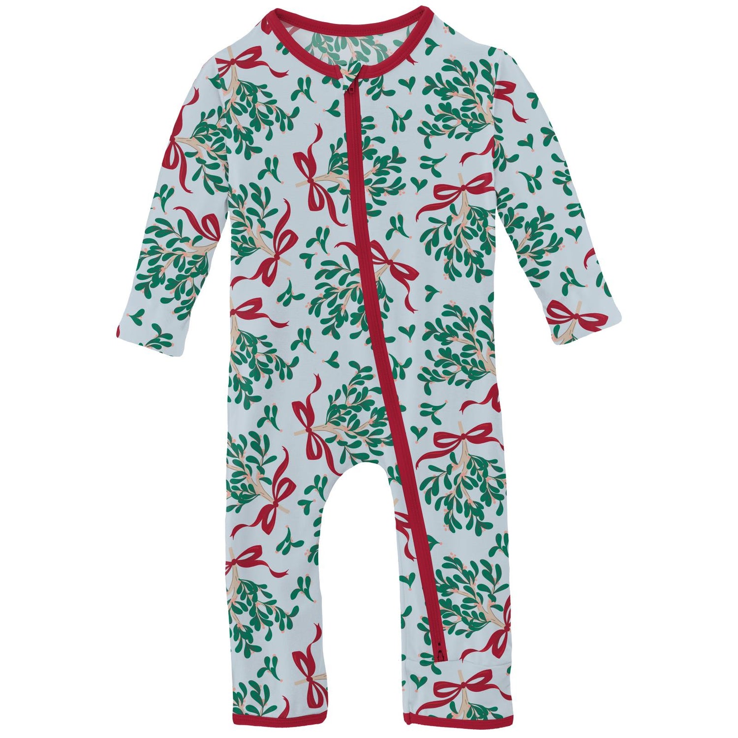 Print Coverall with 2 Way Zipper in Illusion Blue Mistletoe & Ribbons