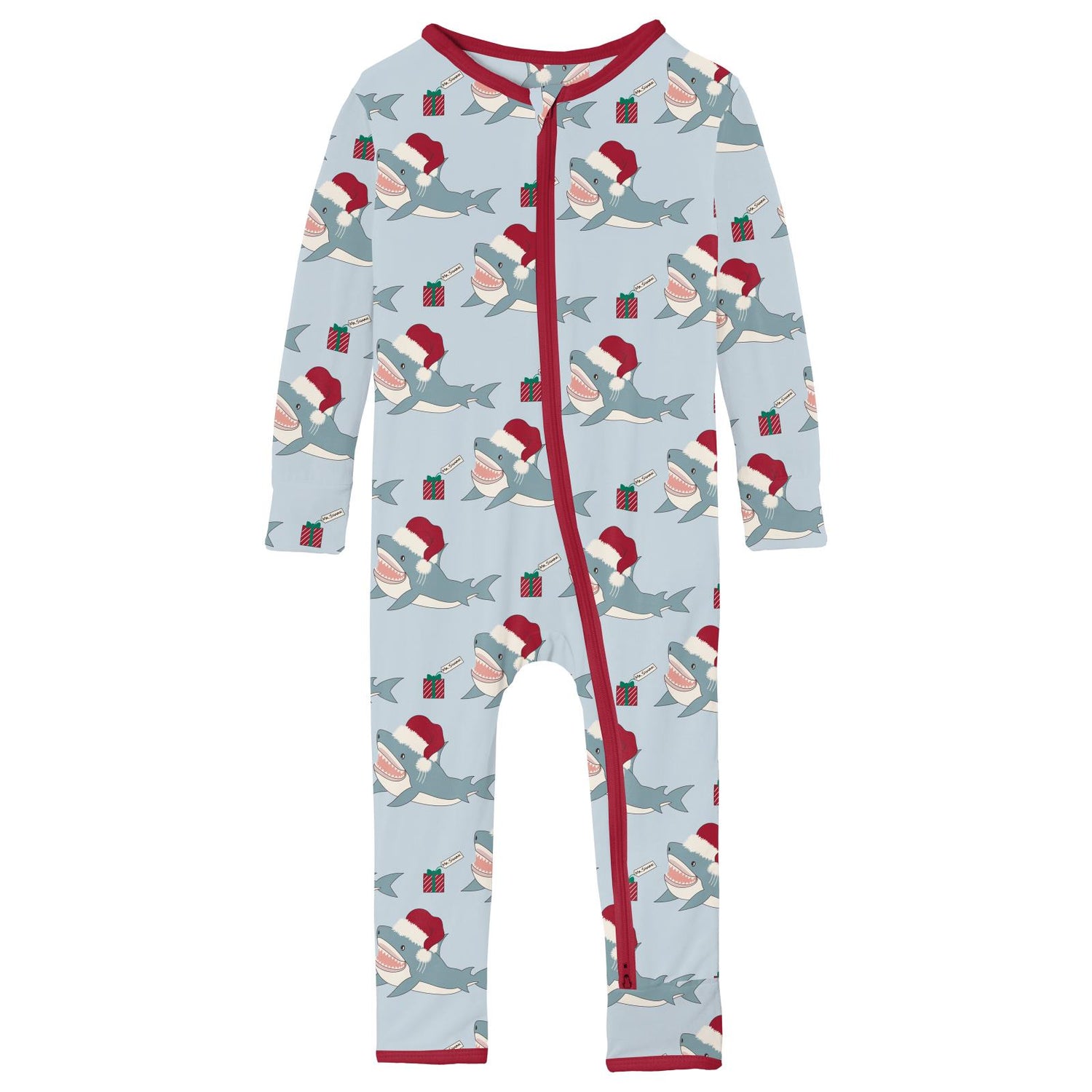 Print Coverall with 2 Way Zipper in Illusion Blue Holiday Sharks