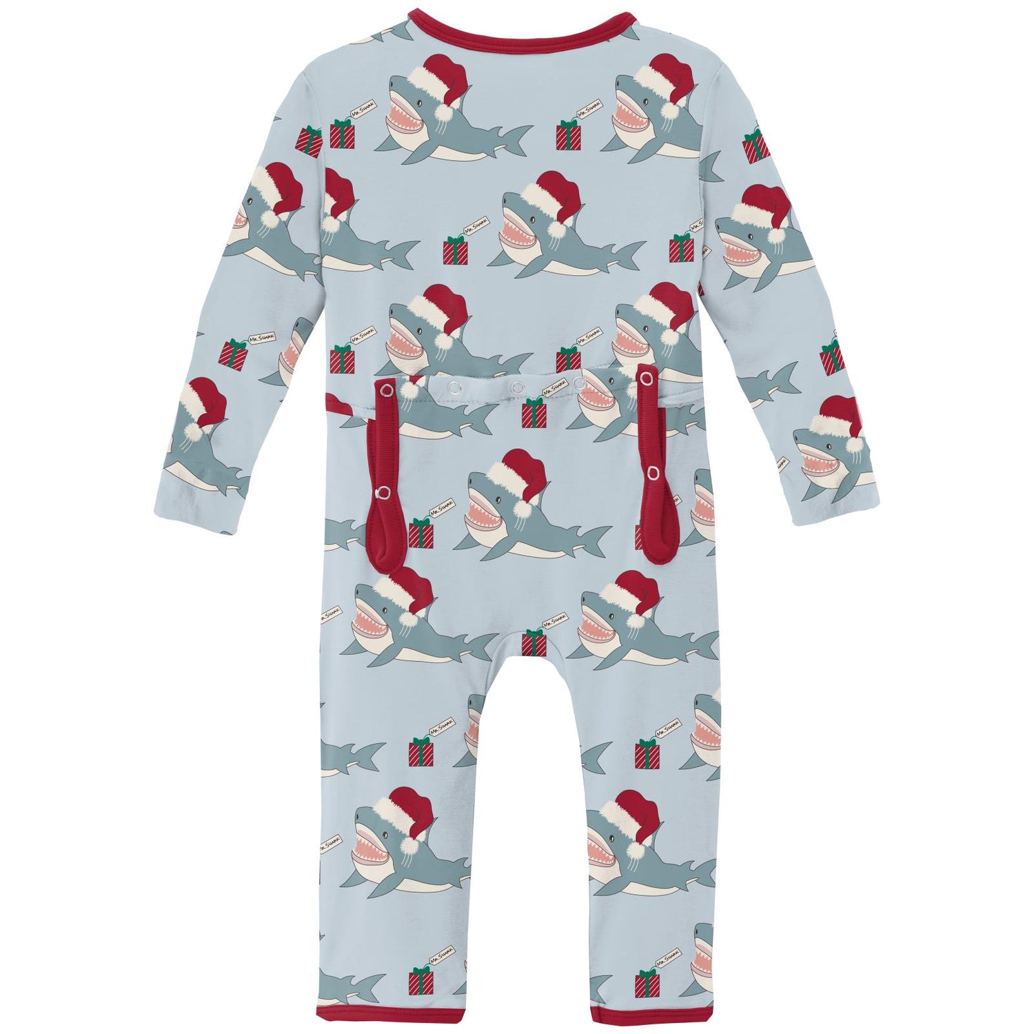 Print Coverall with 2 Way Zipper in Illusion Blue Holiday Sharks