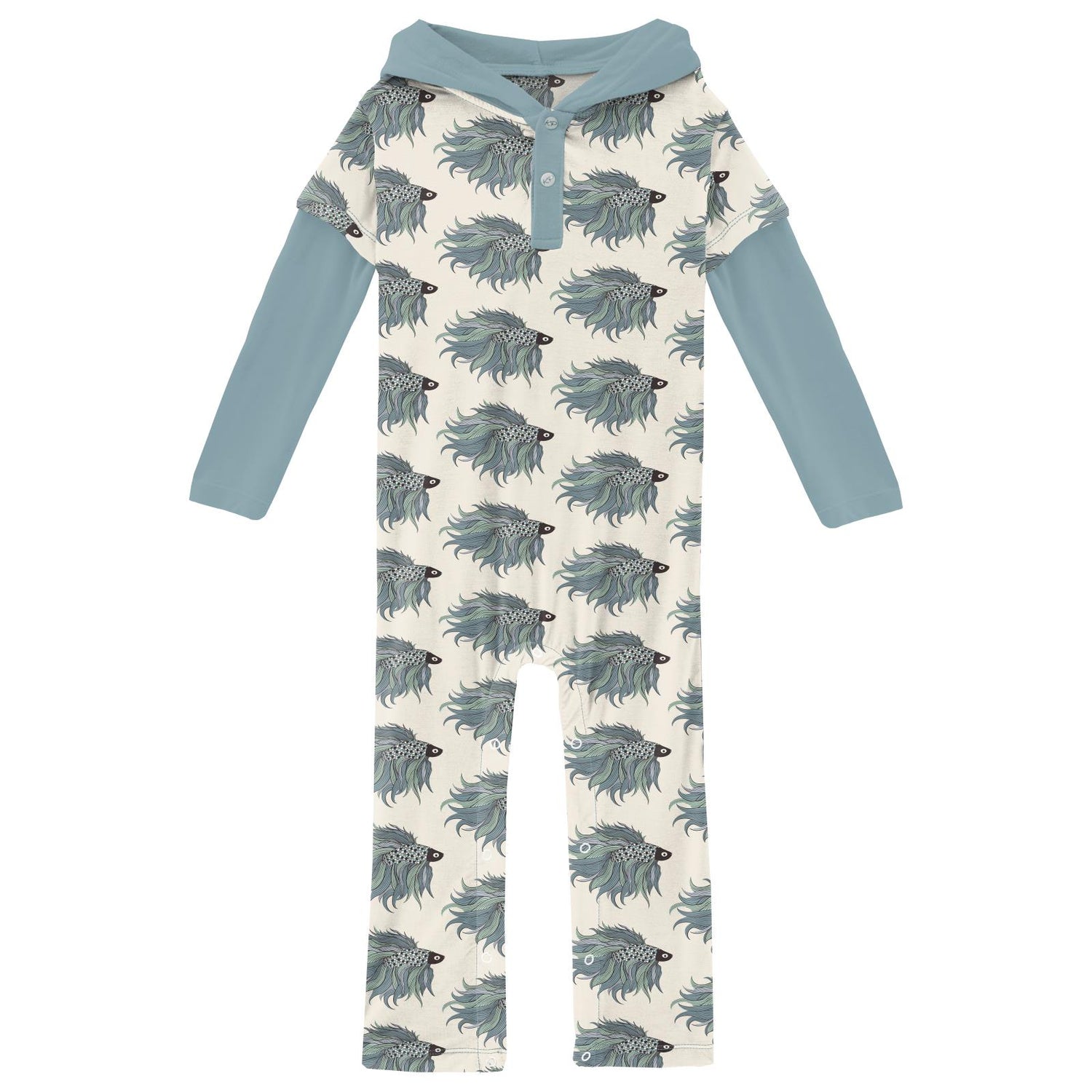 Print Long Sleeve Hoodie Romper in Natural Rainbow Fish