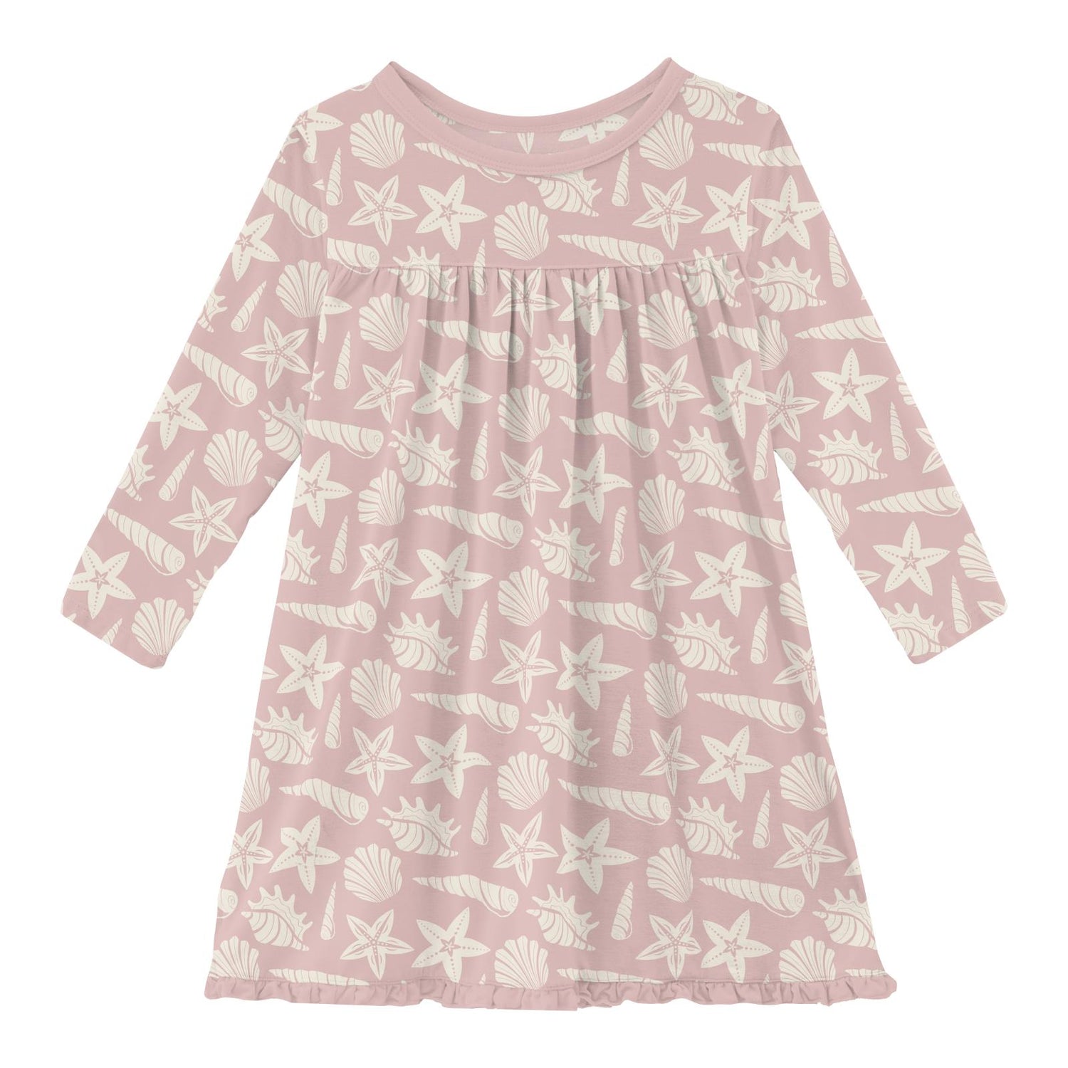 Print Classic Long Sleeve Swing Dress in Baby Rose Shells & Starfish