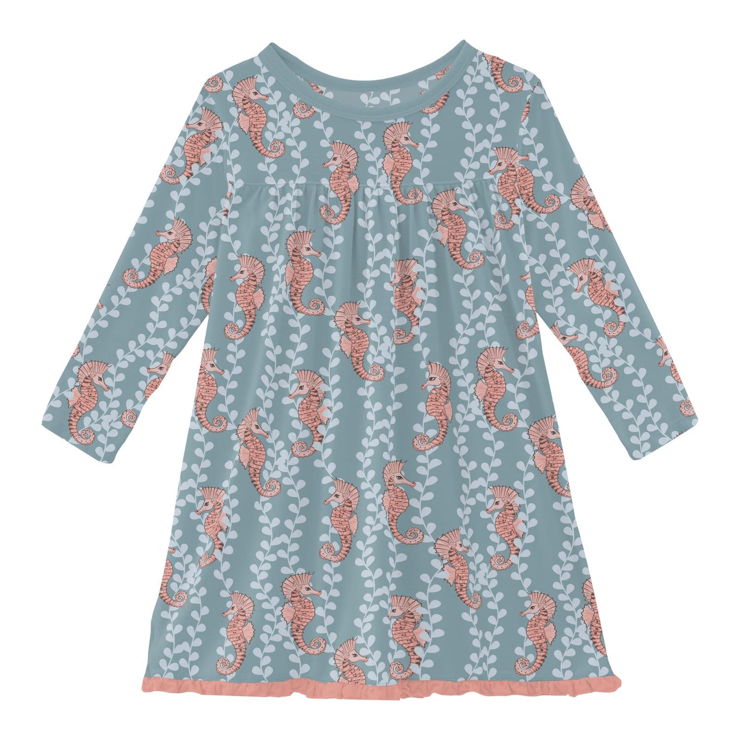 Print Classic Long Sleeve Swing Dress in Stormy Sea Seahorses