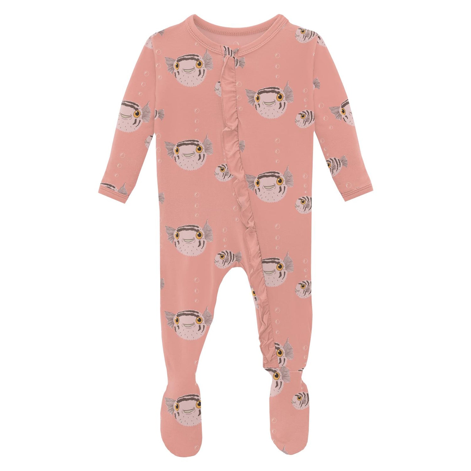 Print Classic Ruffle Footie with 2 Way Zipper in Blush Puffer Family