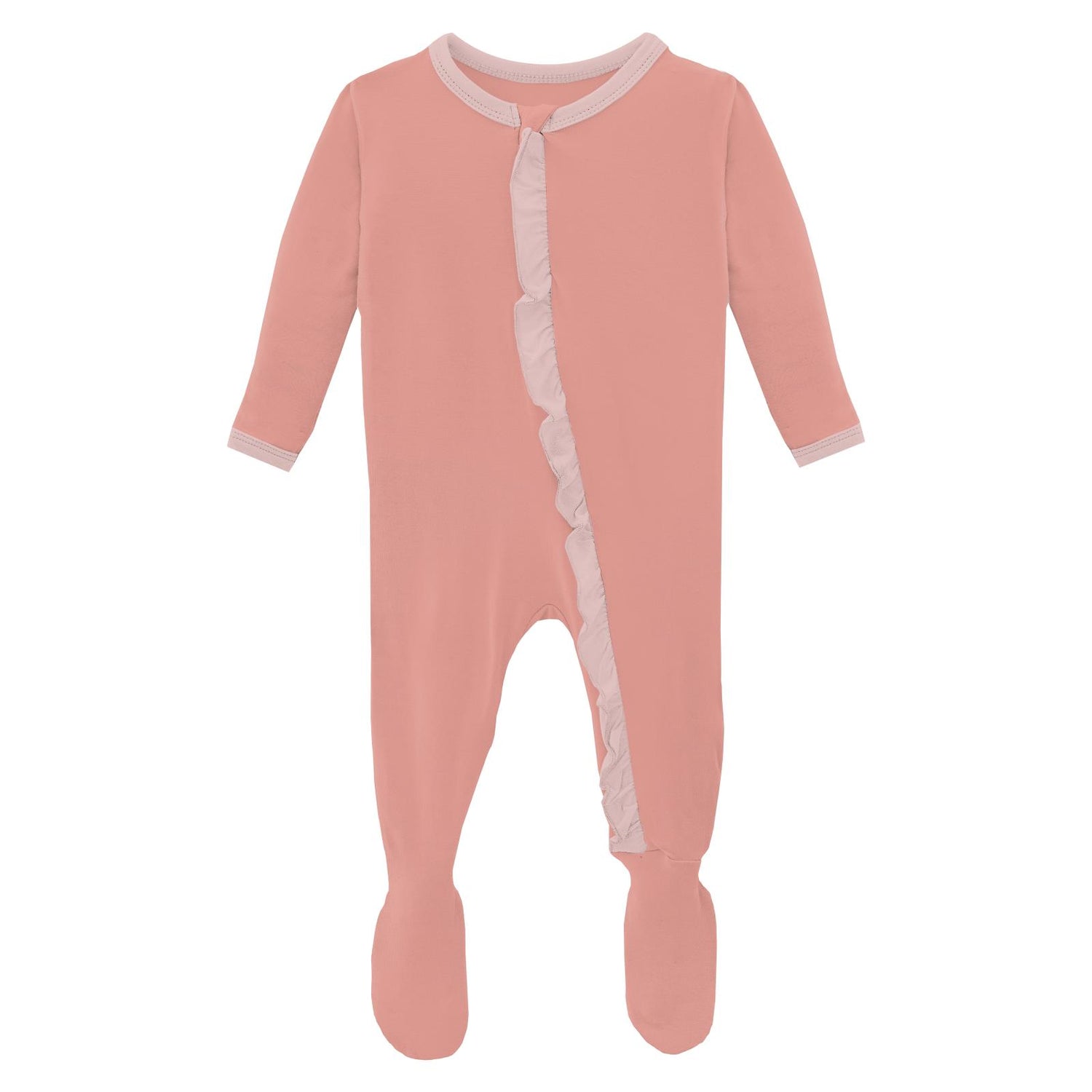 Classic Ruffle Footie with 2 Way Zipper in Blush with Baby Rose