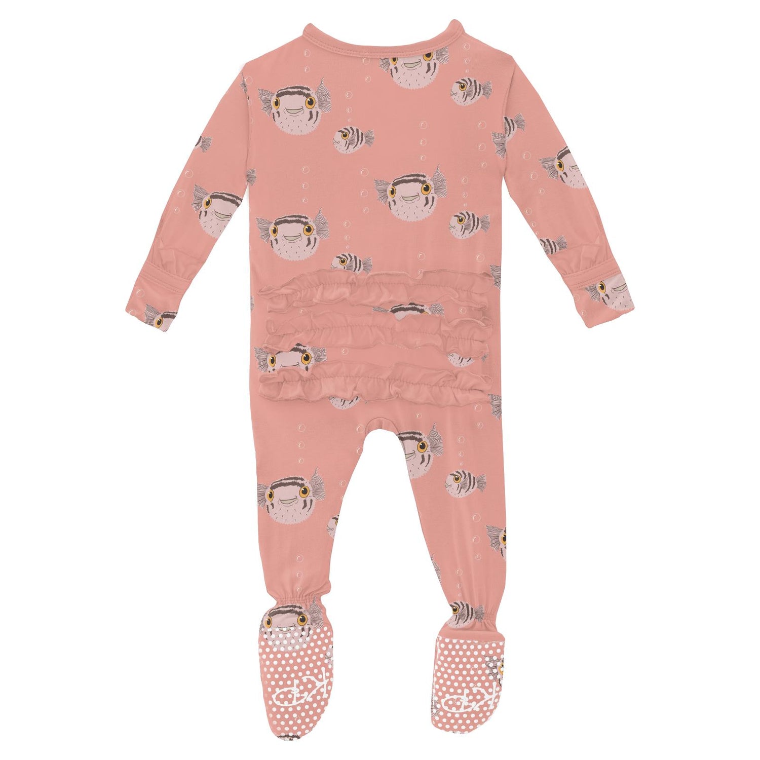 Print Classic Ruffle Footie with 2 Way Zipper in Blush Puffer Family