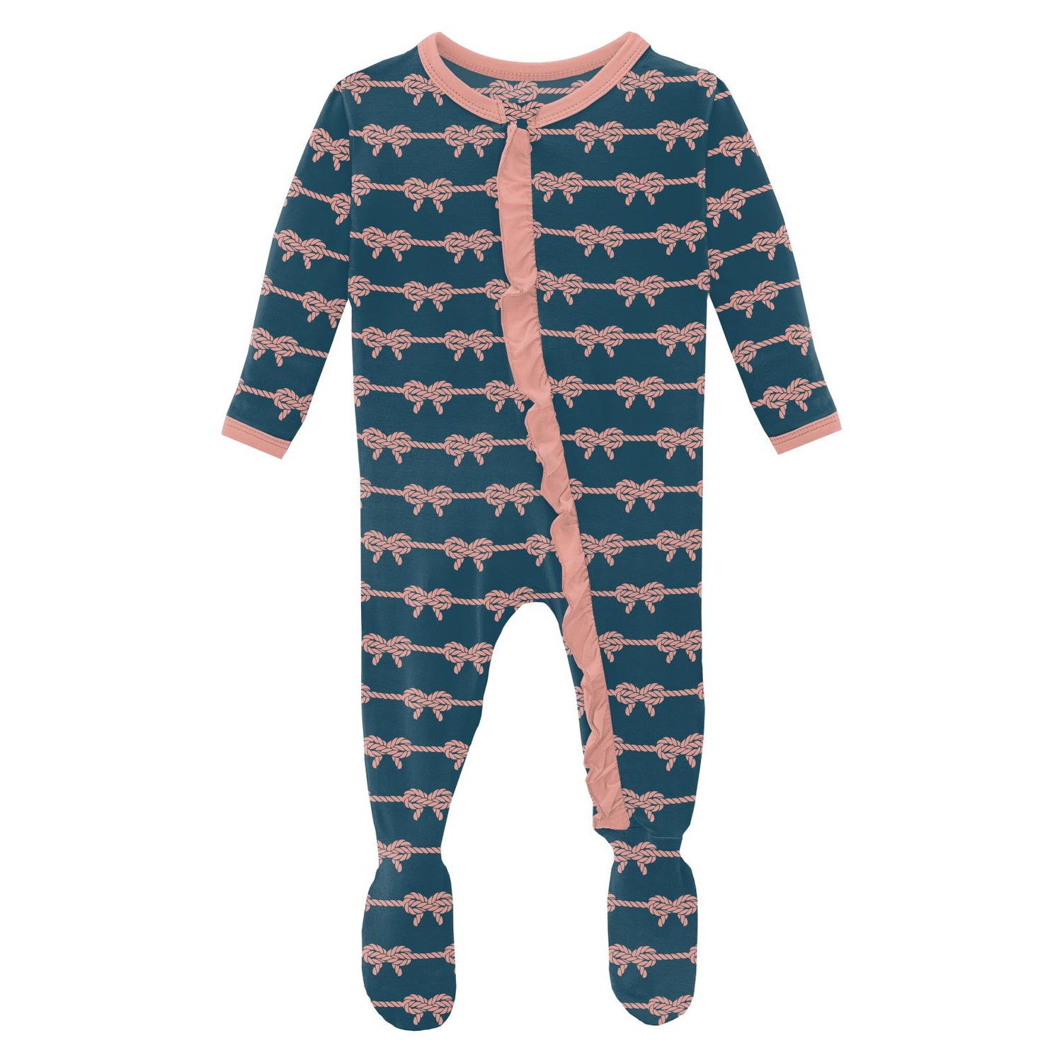 Print Classic Ruffle Footie with 2 Way Zipper in Peacock Boat Rope Bows