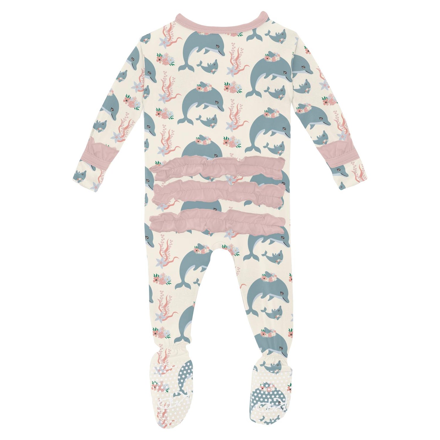 Print Classic Ruffle Footie with 2 Way Zipper in Natural Dolphins