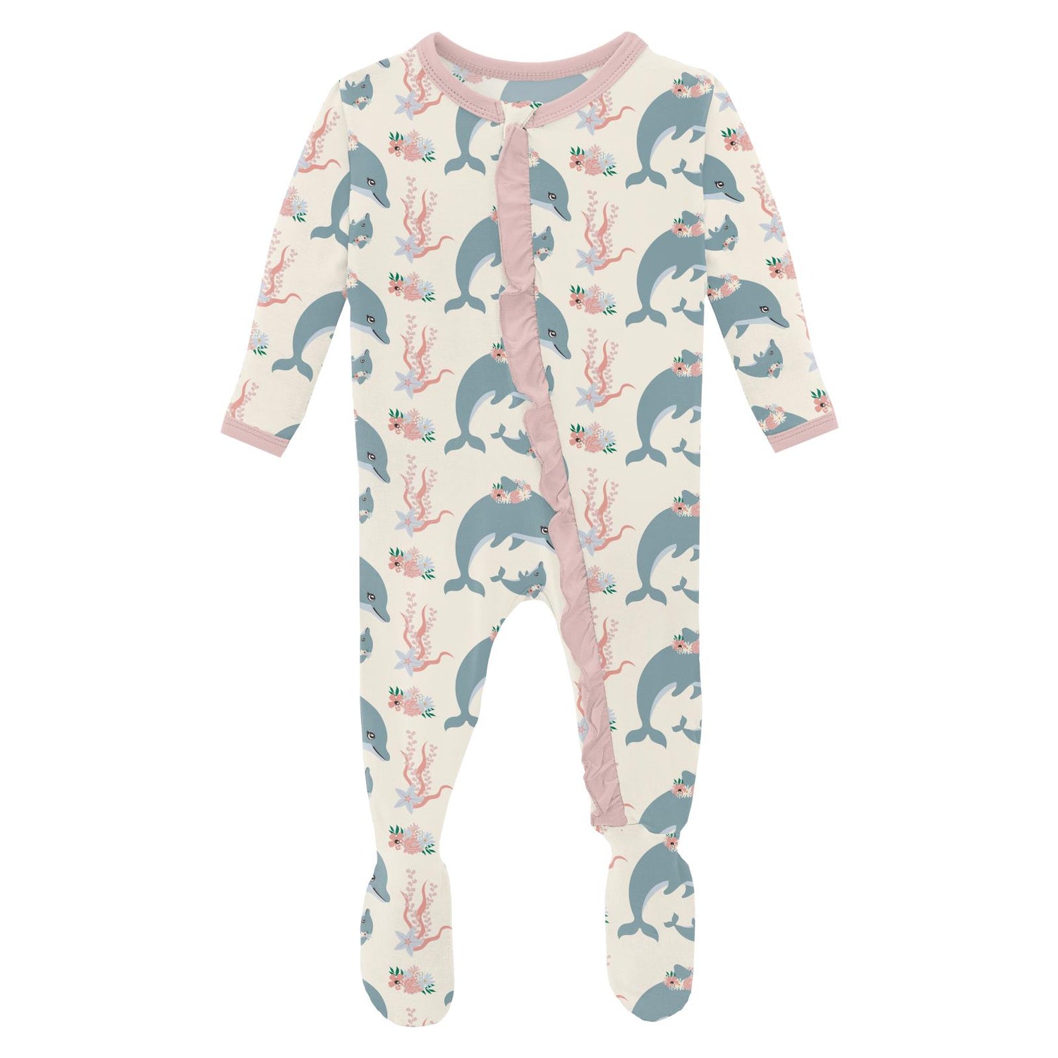 Print Classic Ruffle Footie with 2 Way Zipper in Natural Dolphins