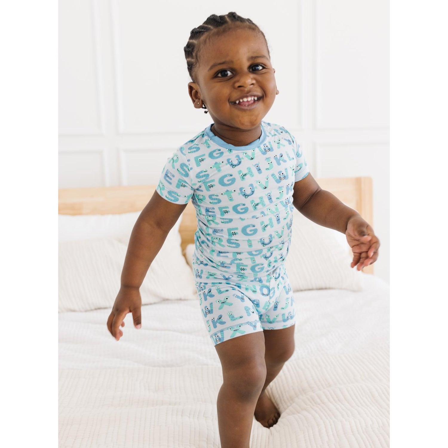 Print Short Sleeve Pajama Set with Shorts in Dew ABC Monsters