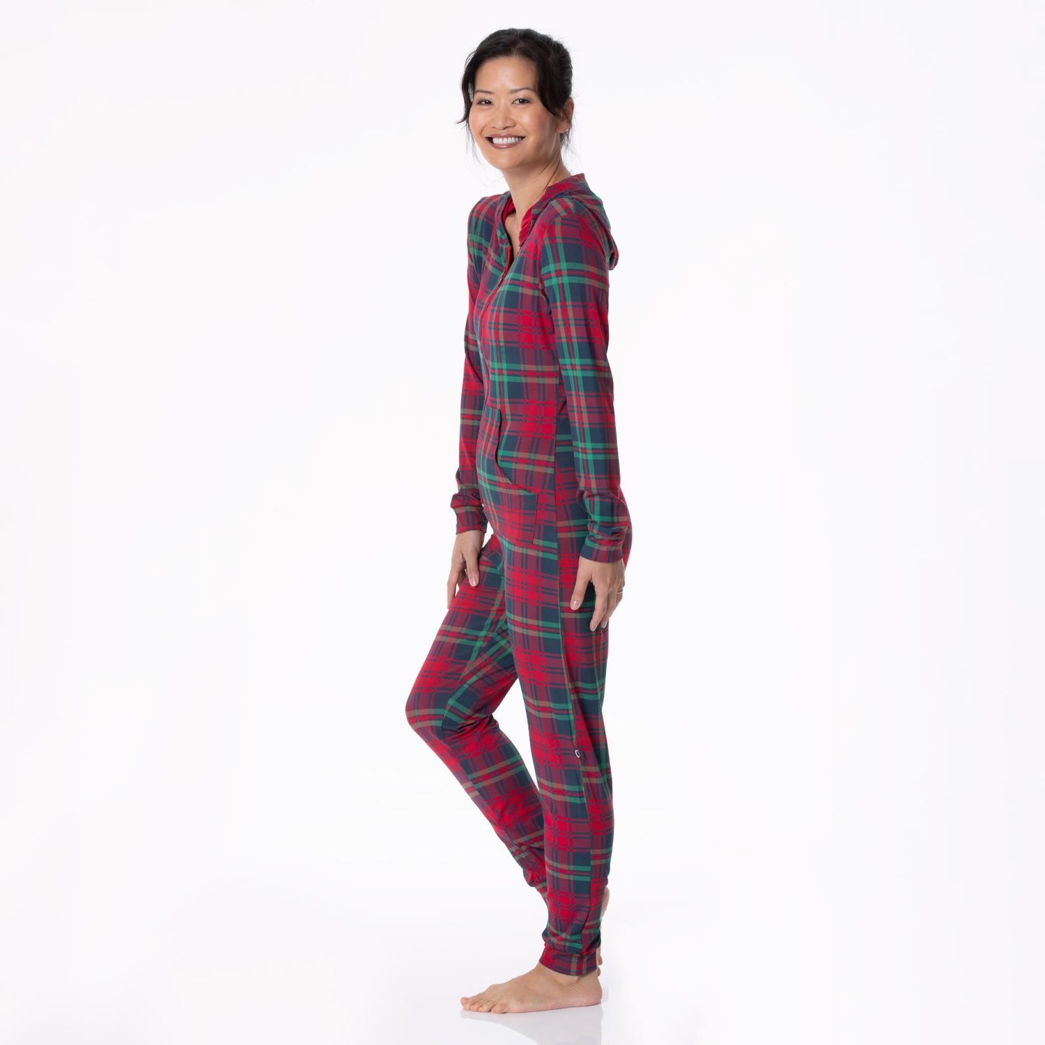 Women's Print Long Sleeve Jumpsuit with Hood in Peacock Plaid (311726)