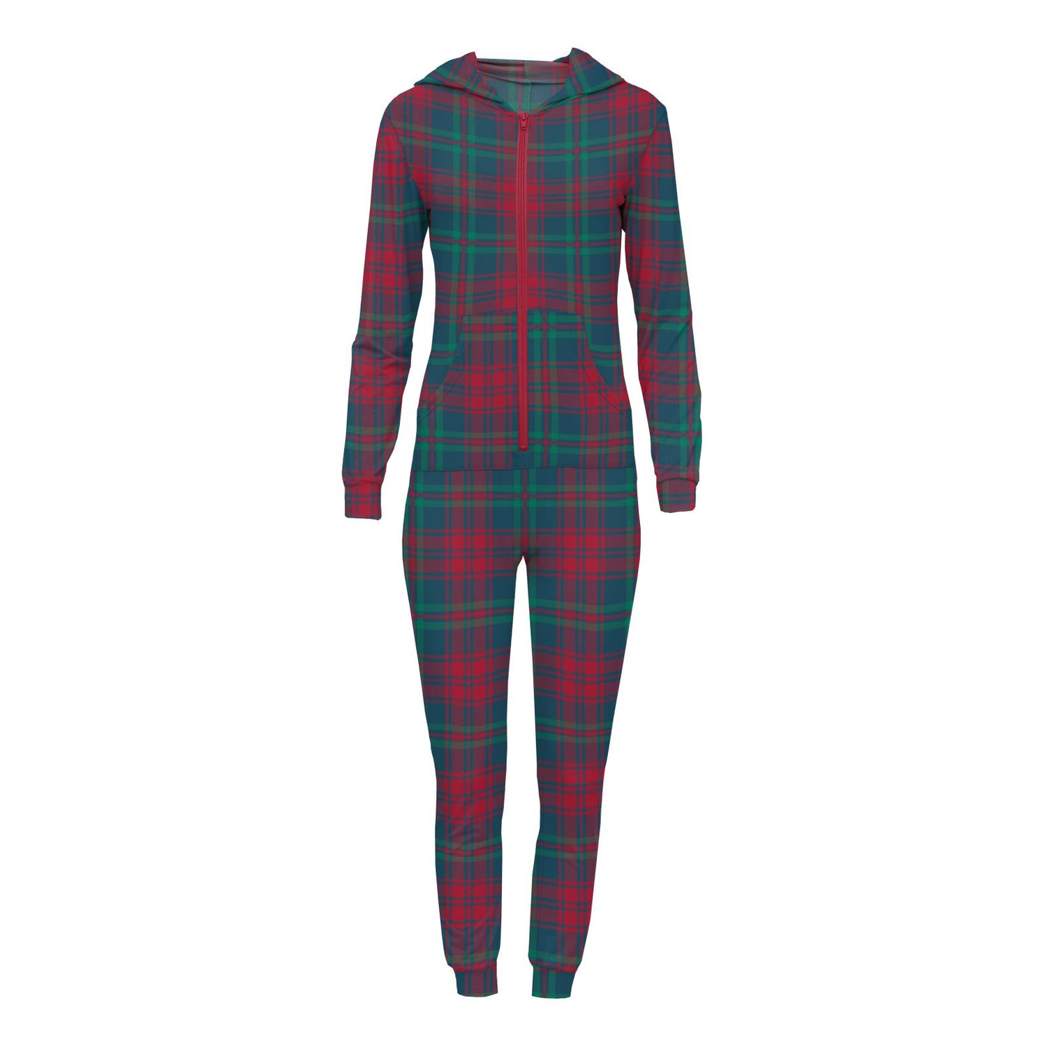 Women's Print Long Sleeve Jumpsuit with Hood in Peacock Plaid (311714)