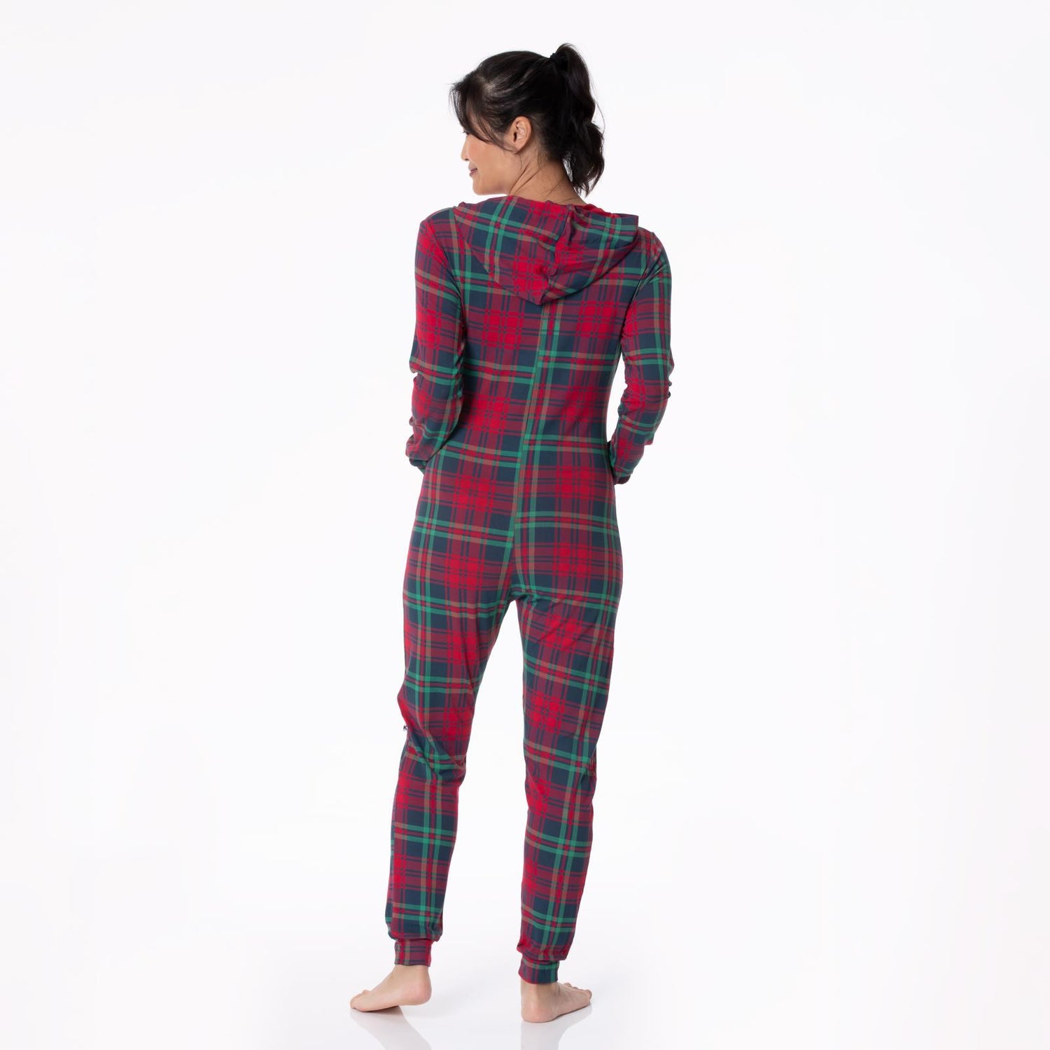 Women's Print Long Sleeve Jumpsuit with Hood in Peacock Plaid (311711)