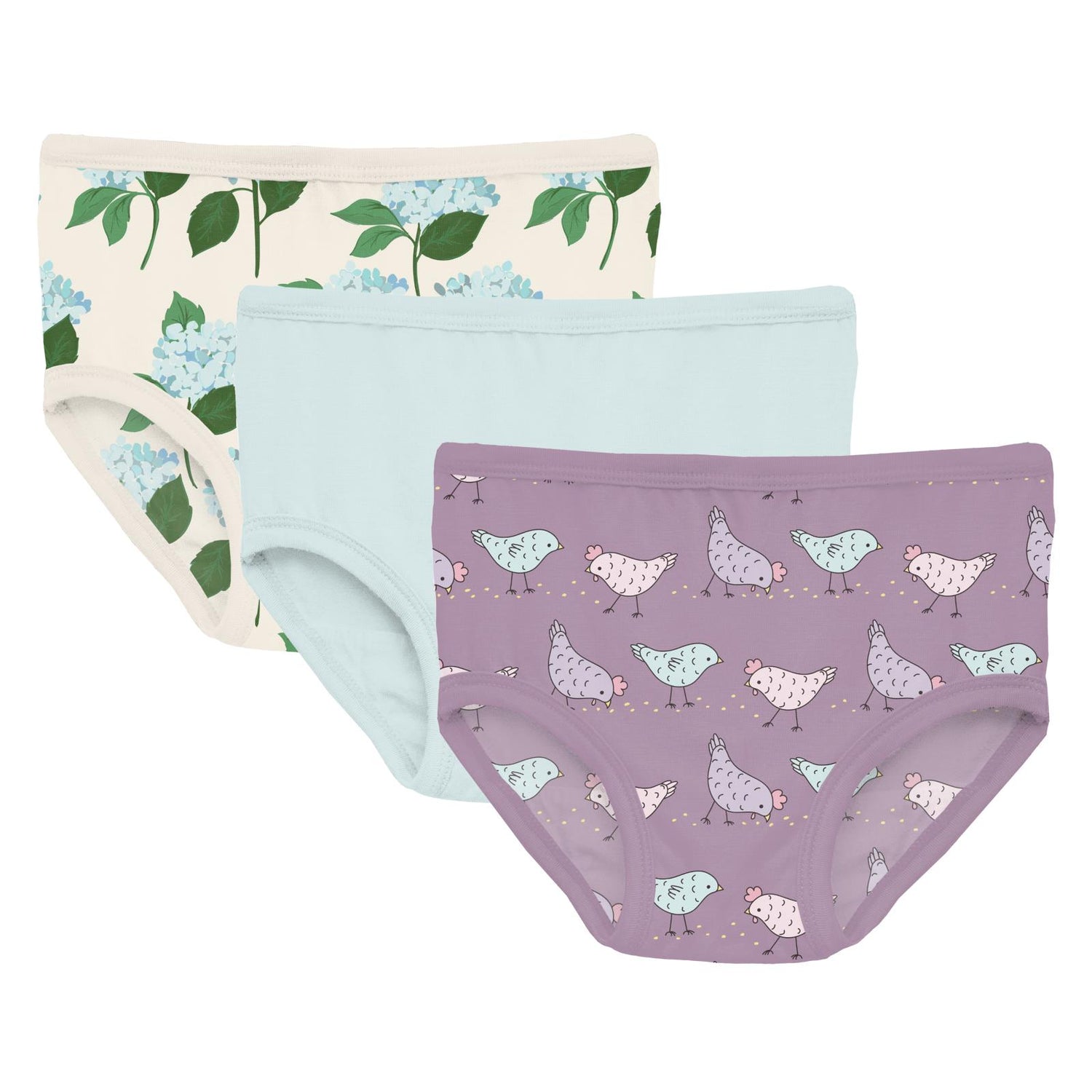 Print Girl's Underwear Set of 3 in Hydrangea Bouquet, Fresh Air & Lavender Chickens (312366)