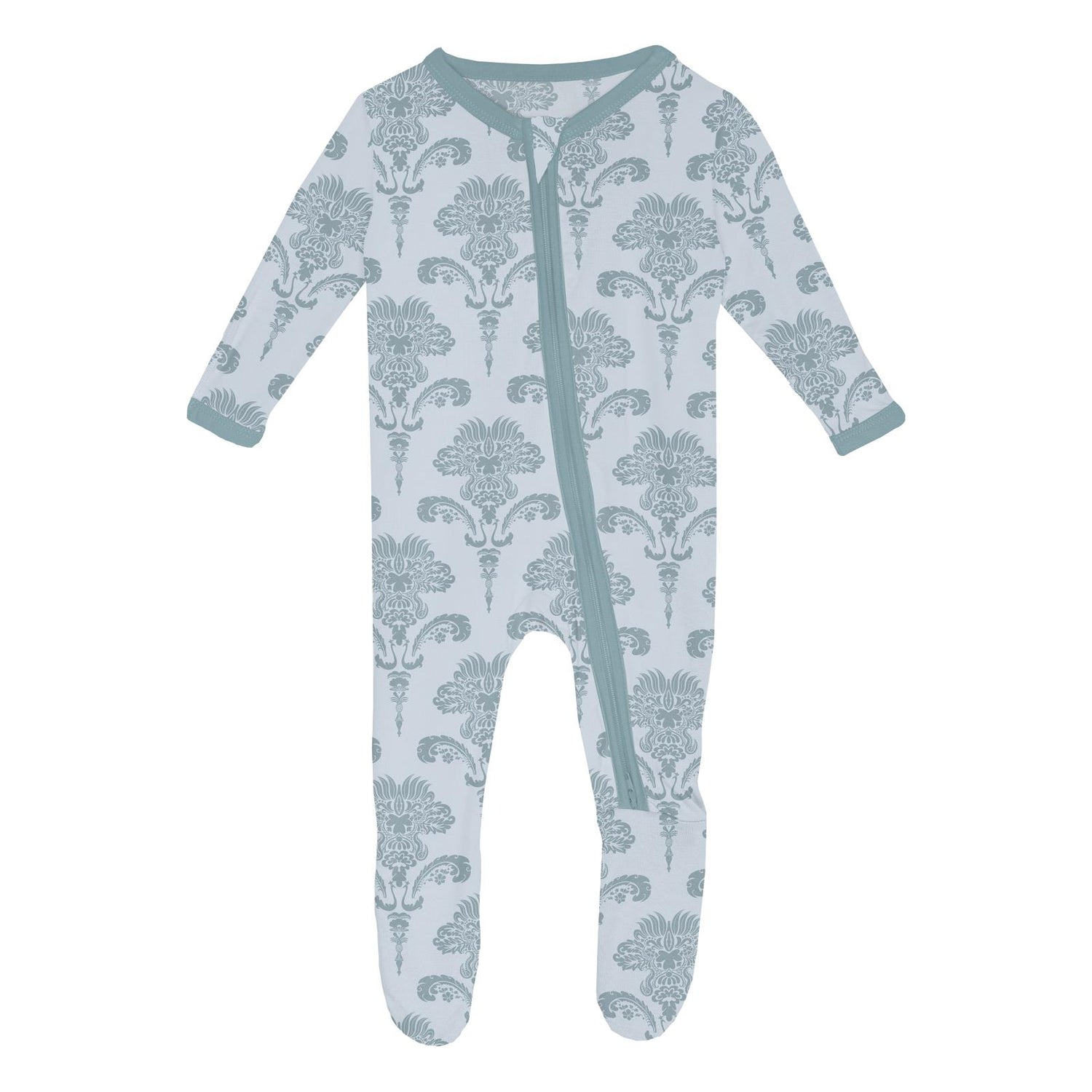 Print Footie with 2 Way Zipper in Illusion Blue Damask