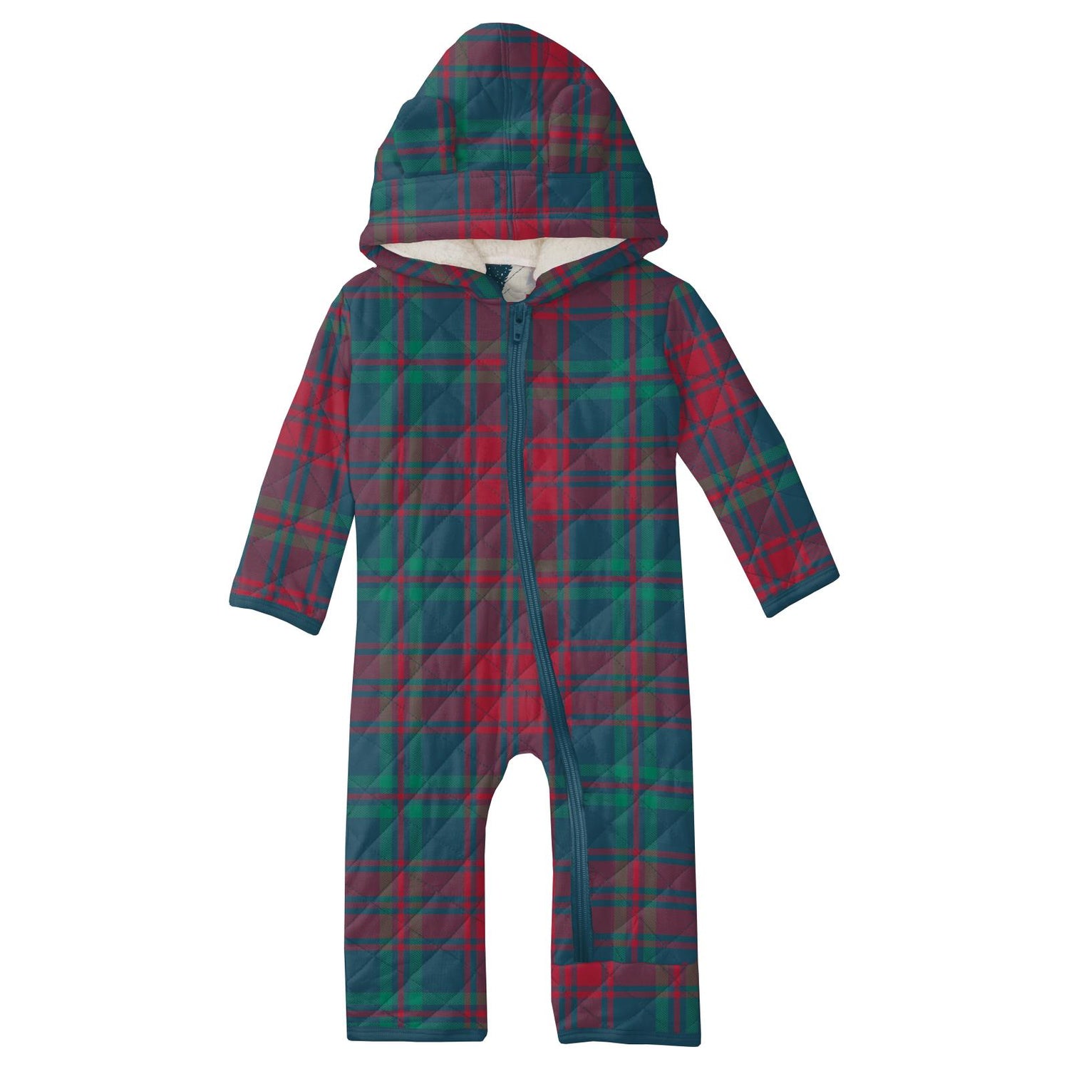 Print Quilted Hoodie Coverall with Sherpa-Lined Hood and Zipper in Peacock Plaid/Peacock Yeti