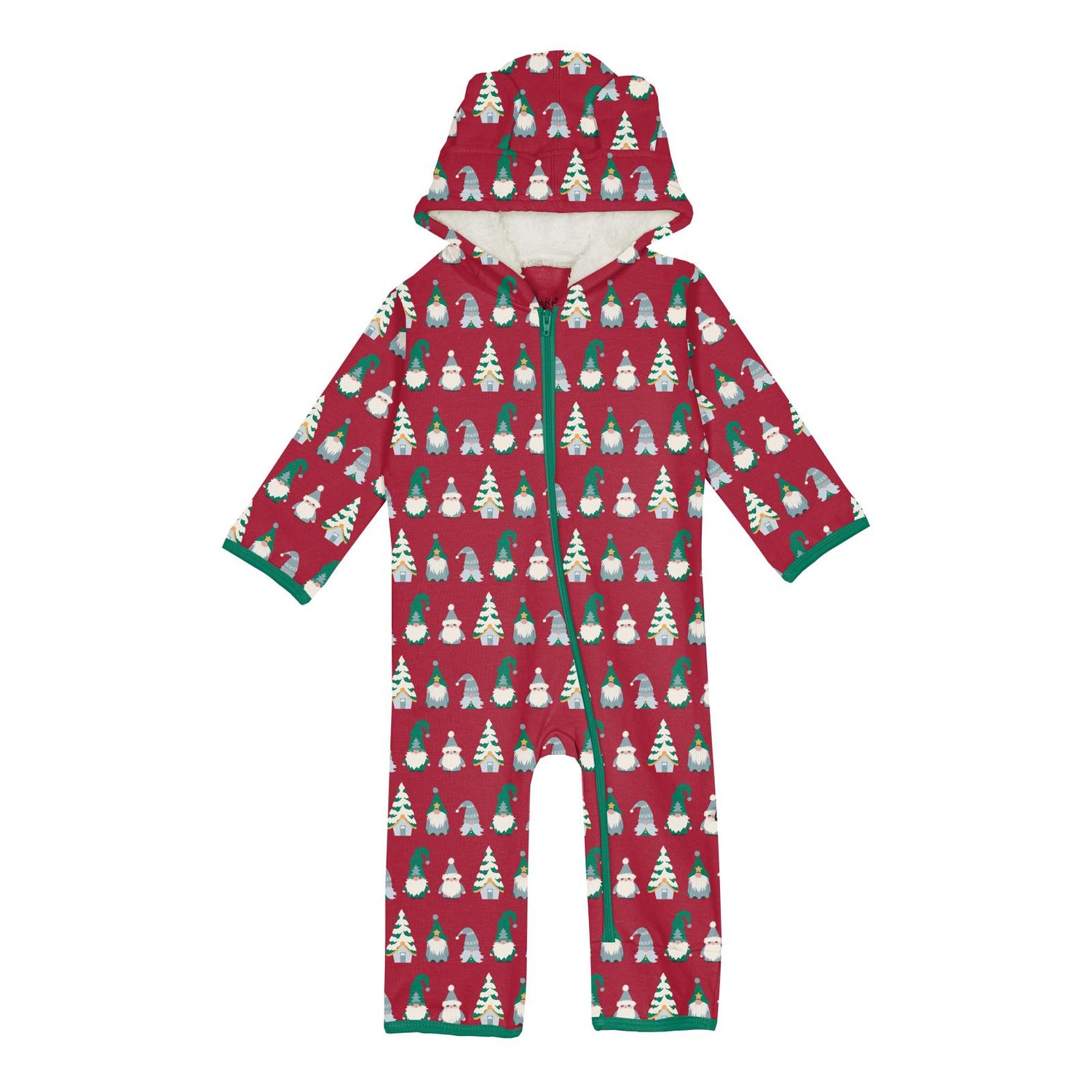 Print Fleece Zip-up Coverall with Sherpa-lined Hood & Ears in Crimson Gnomes