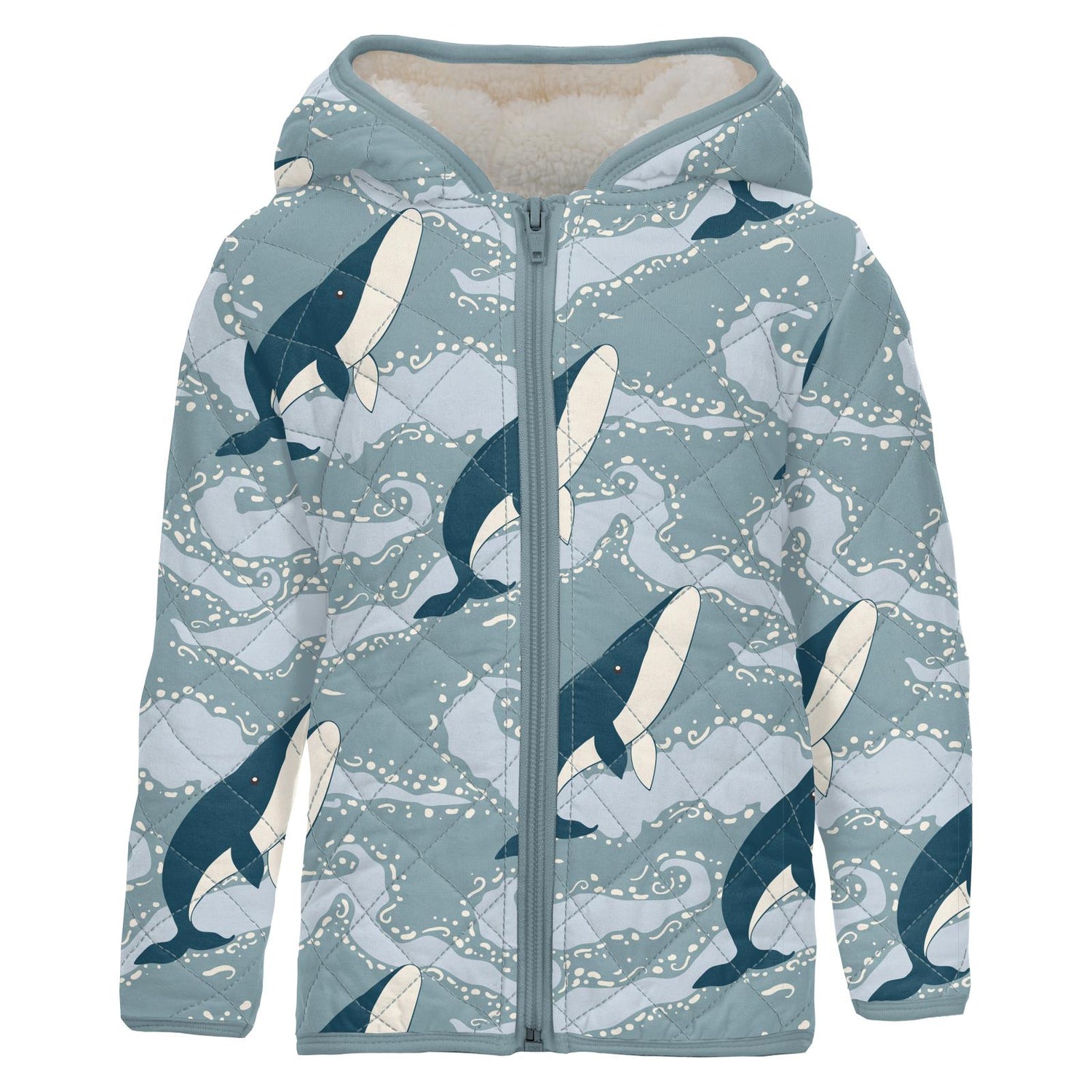 Print Quilted Jacket with Sherpa-Lined Hood in Stormy Sea Splashing Whales/Natural Boat Rope