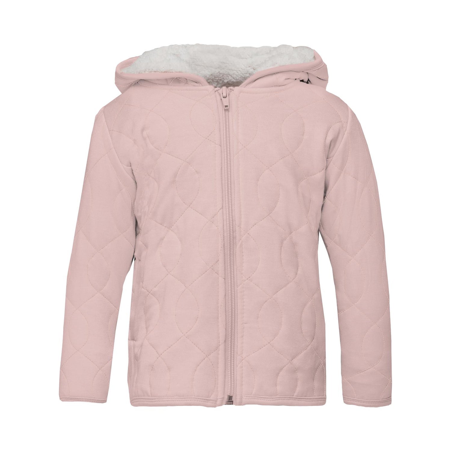 Print Quilted Jacket with Sherpa-Lined Hood in Baby Rose/Natural Dolphins