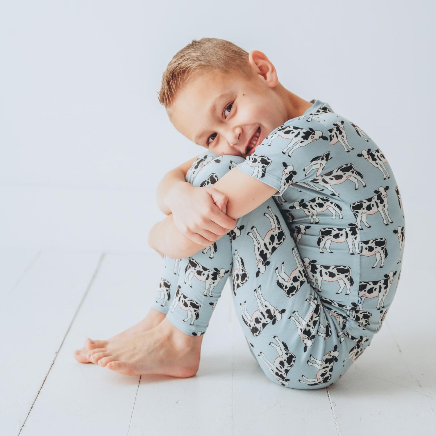 Print Short Sleeve Pajama Set in Jade Cows (359192)