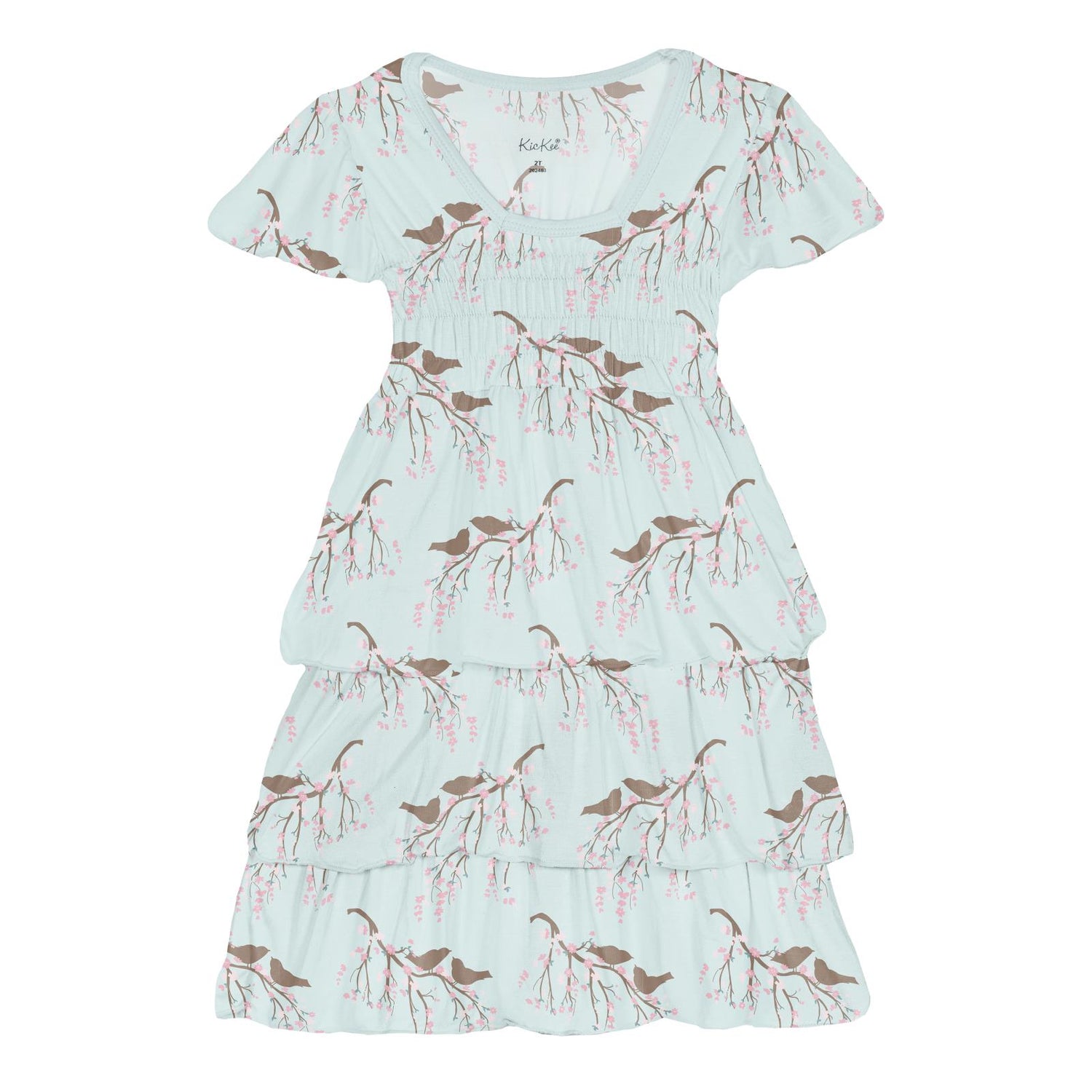 Print Short Sleeve Layered Ruffle Dress in Fresh Air Bird Branch (359723)