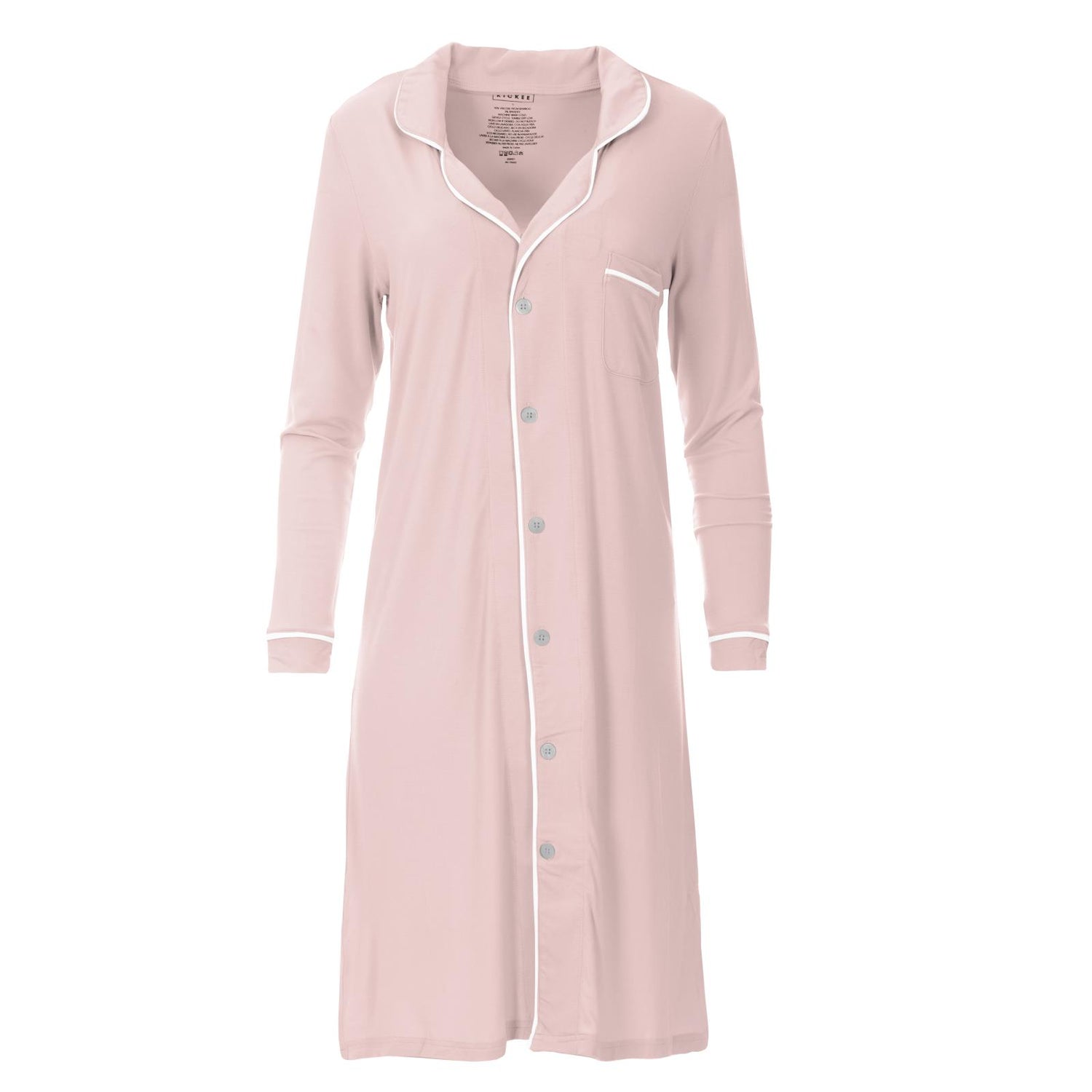 Women's Long Sleeve Button-Down Nightgown in Baby Rose with Natural