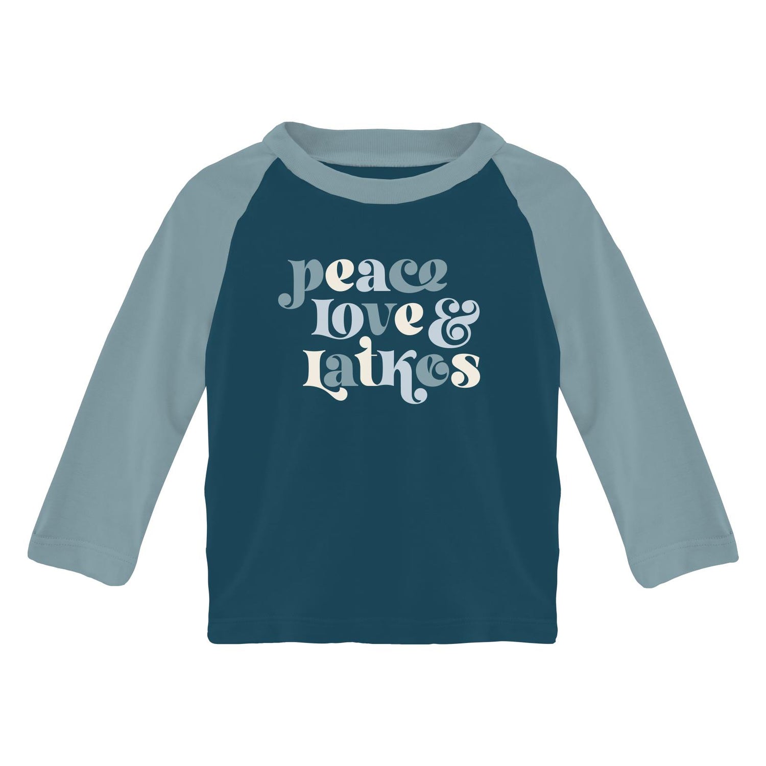 Long Sleeve Crew Neck Graphic Raglan Tee in Peacock Peace Love Latkes