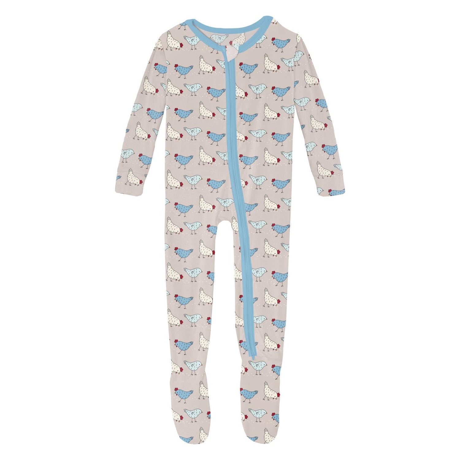 Print Footie with 2 Way Zipper in Latte Chickens (311874)