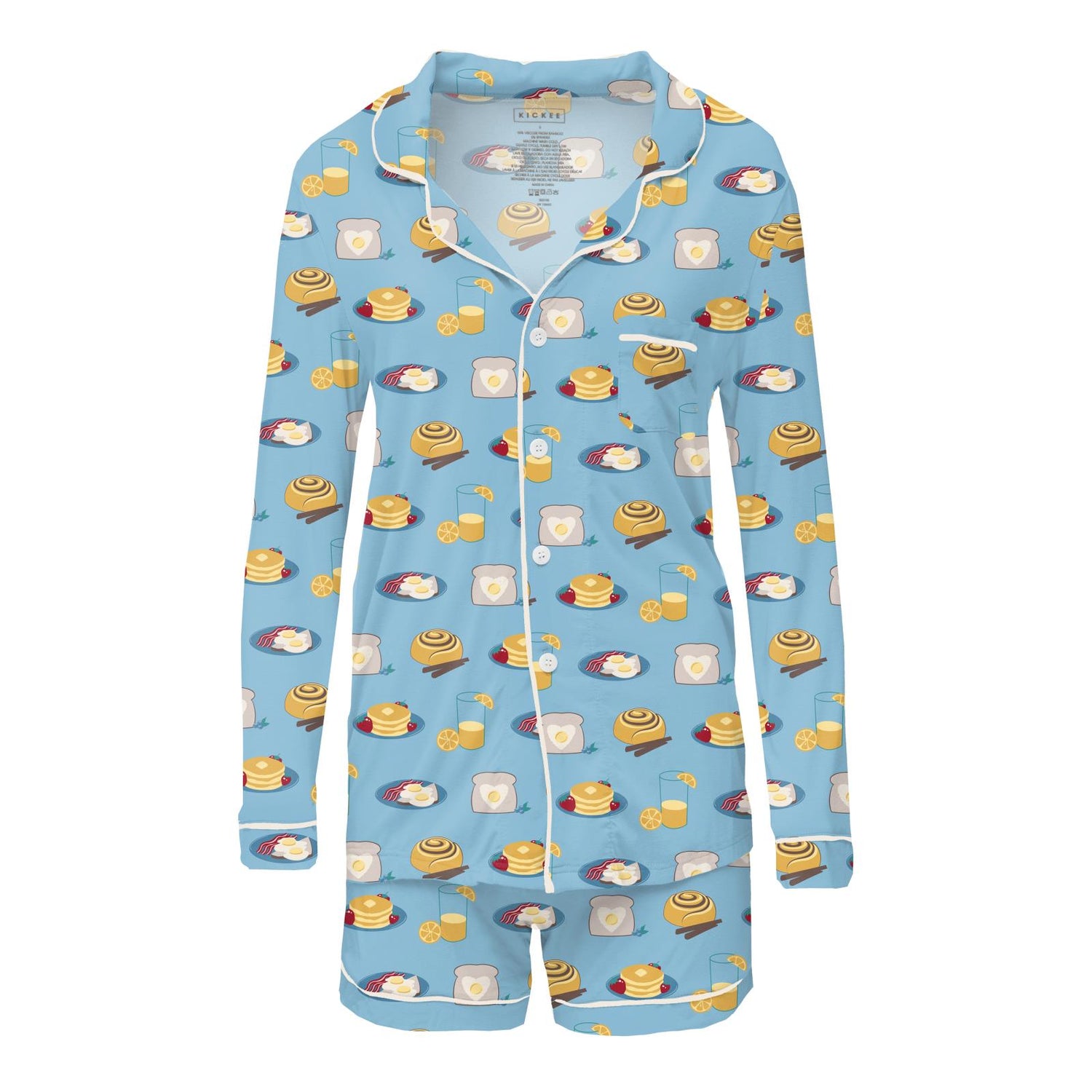 Women's Print Long Sleeve Collared Pajama Set with Shorts in Seaside Blue Breakfast in Bed (311982)