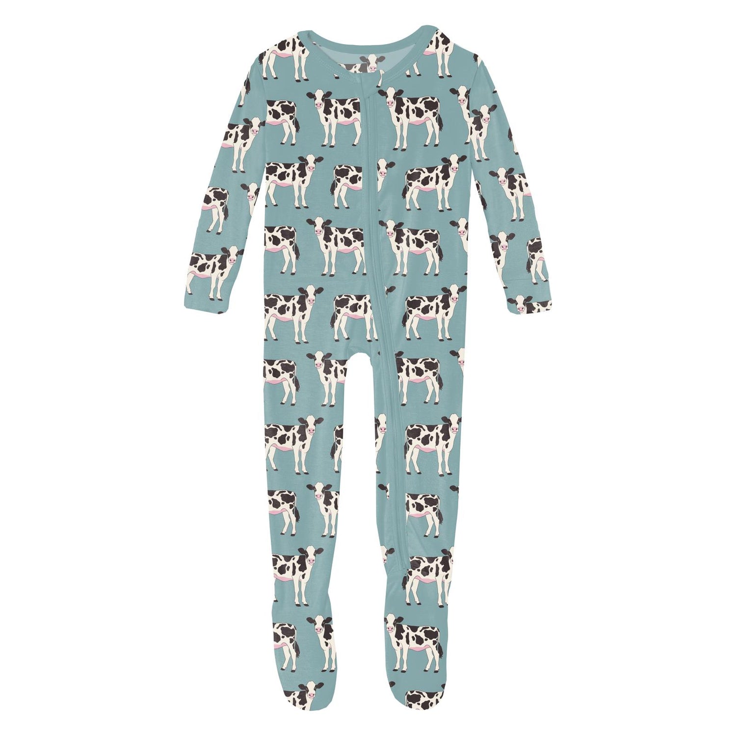 Print Footie with 2 Way Zipper in Jade Cows (311998)