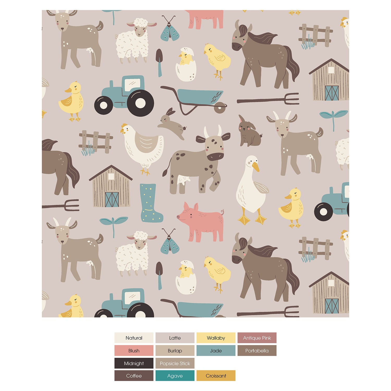 Print Short Sleeve Crew Neck Tee and Lightweight Drawstring Shorts Set in Latte Morning on the Farm (317016)