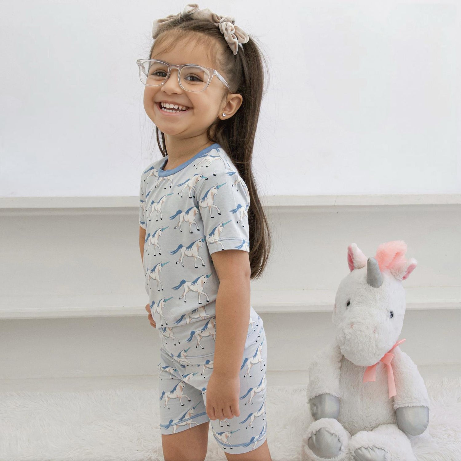 Print Short Sleeve Pajama Set with Shorts in Dew Prancing Unicorn