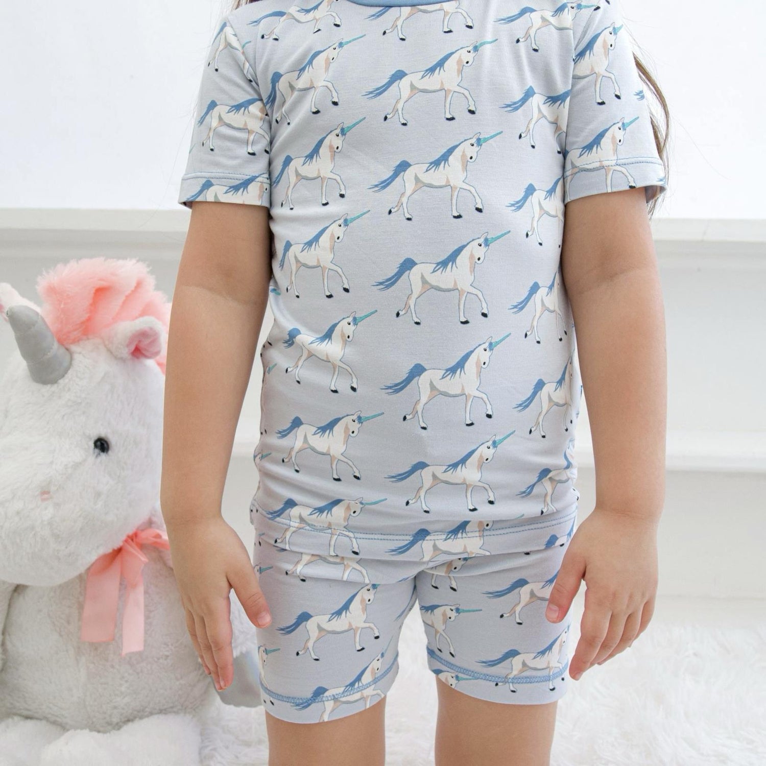 Print Short Sleeve Pajama Set with Shorts in Dew Prancing Unicorn