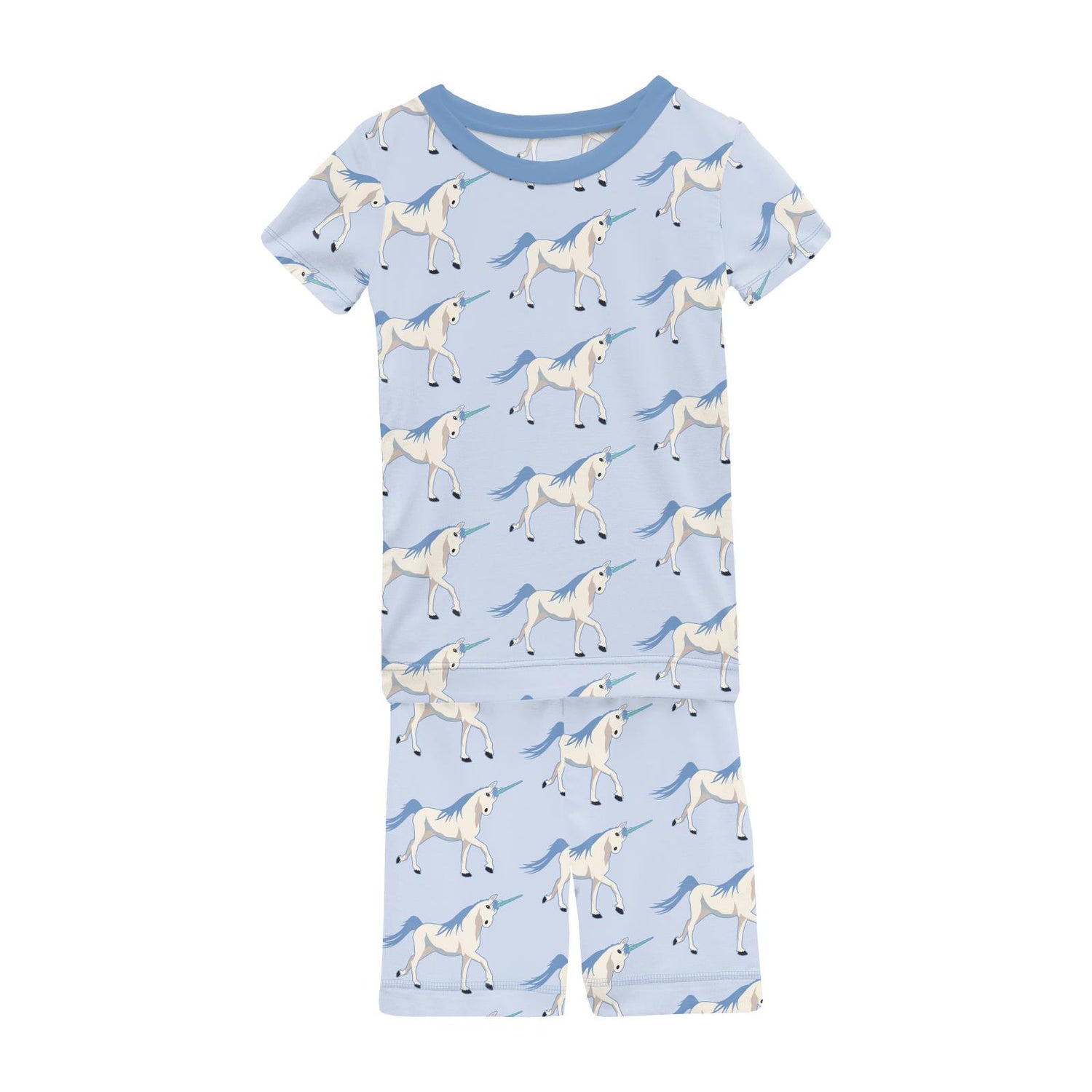 Print Short Sleeve Pajama Set with Shorts in Dew Prancing Unicorn