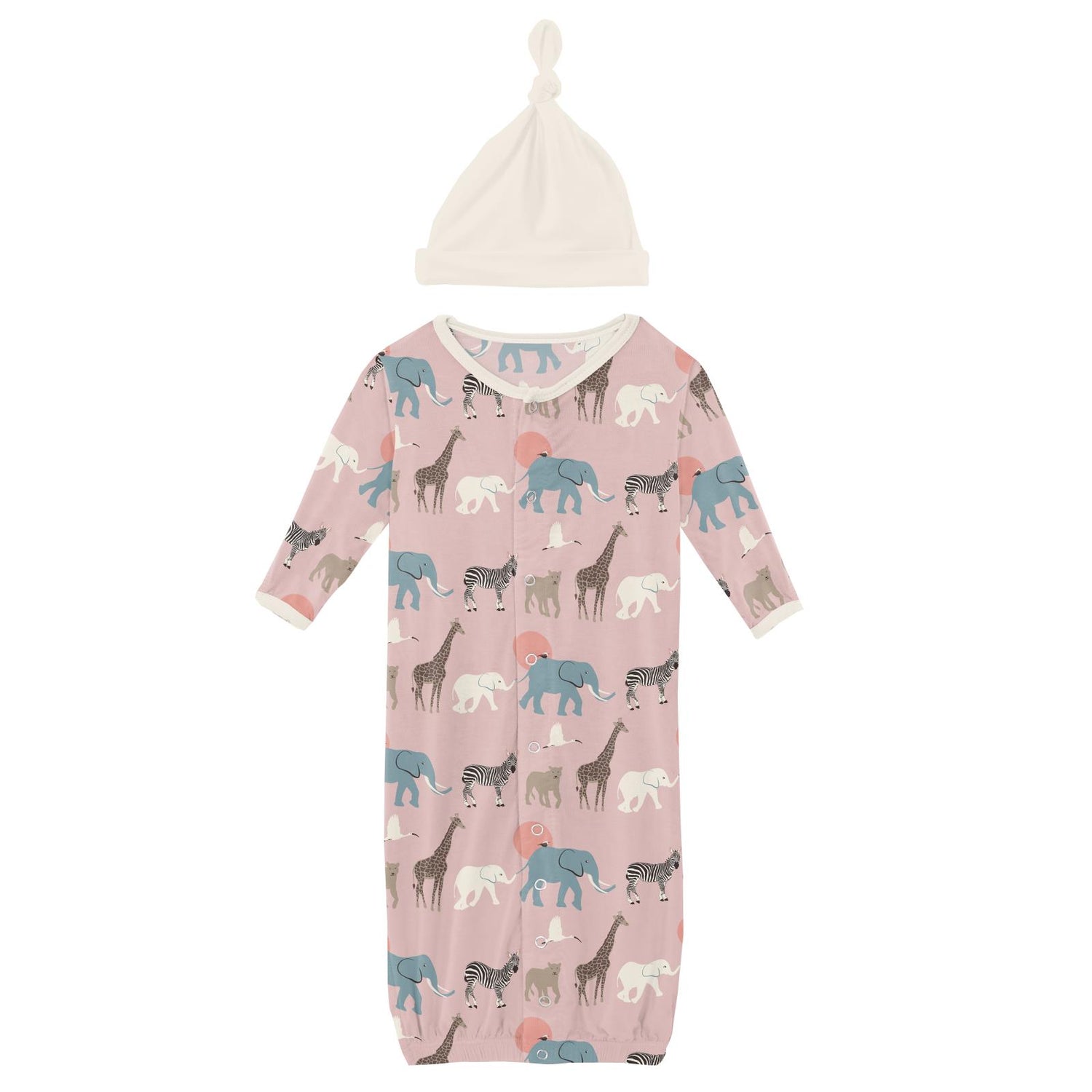 Print Layette Gown Converter & Single Knot Hat Set in Baby Rose Just So Animals