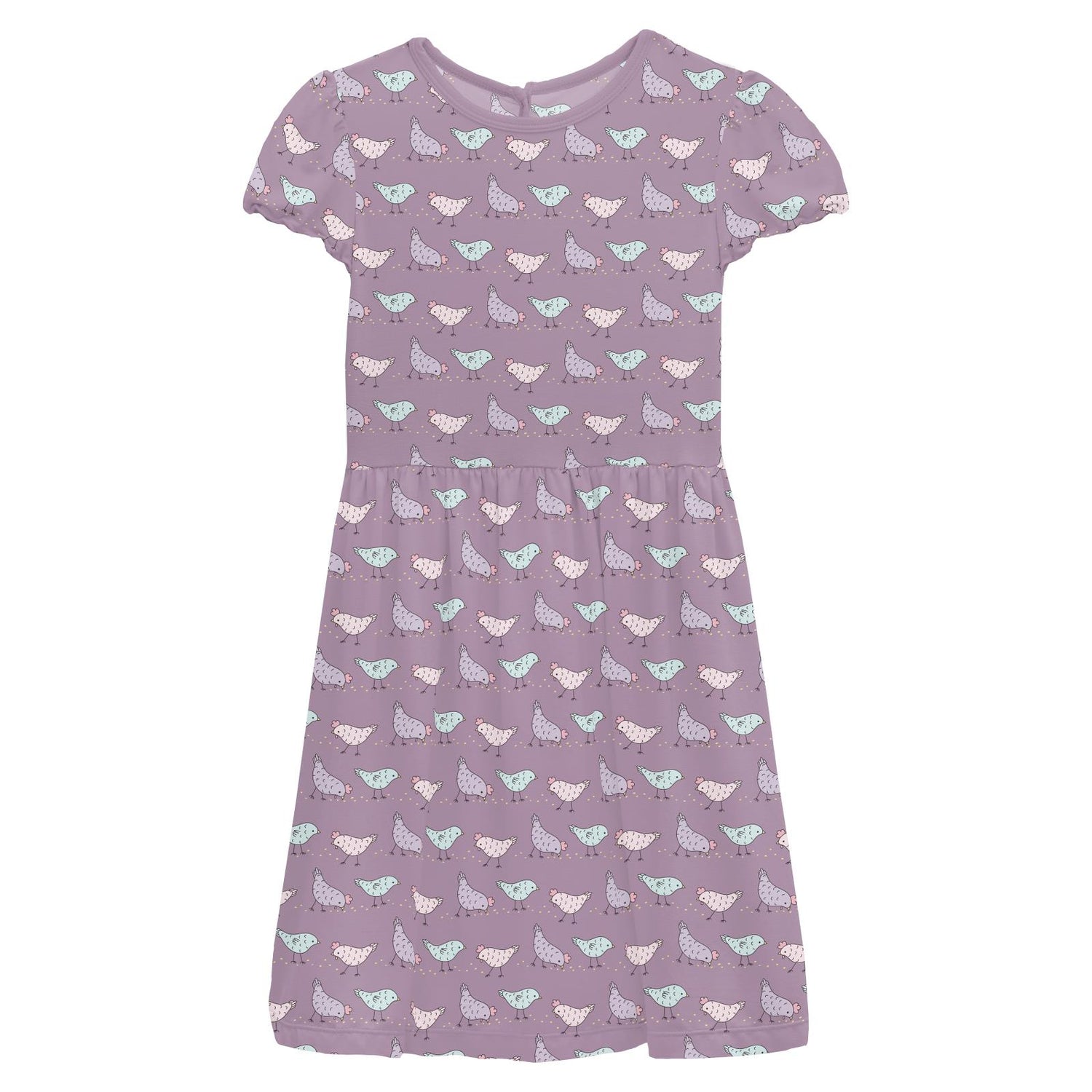 Print Flutter Sleeve Twirl Dress with Pockets in Lavender Chickens (314524)