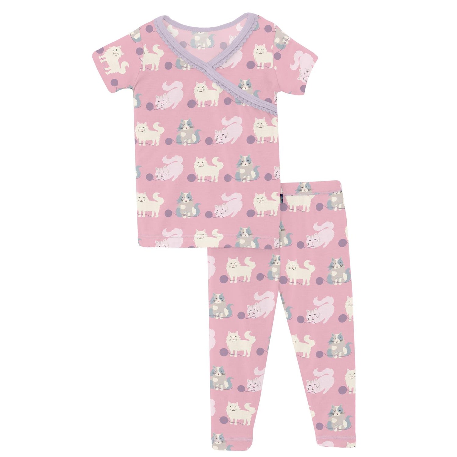 Print Short Sleeve Scallop Kimono Pajama Set in Cake Pop Cats and Yarn (314323)